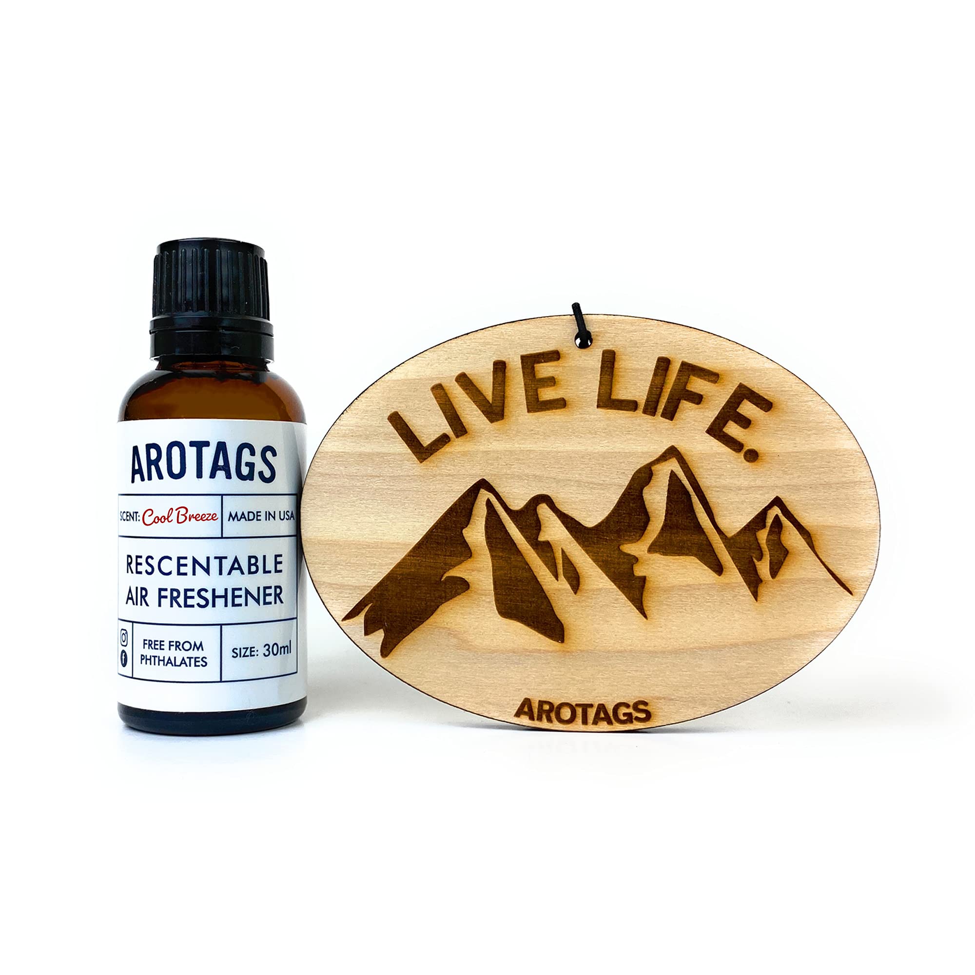 Arotags Wooden Car Air Freshener - Long Lasting Cool Breeze Scent Diffuses for 365+ Days - Includes Live Life Mountain Hanging Mirror Diffuser and Fragrance Oil - 100% American Made