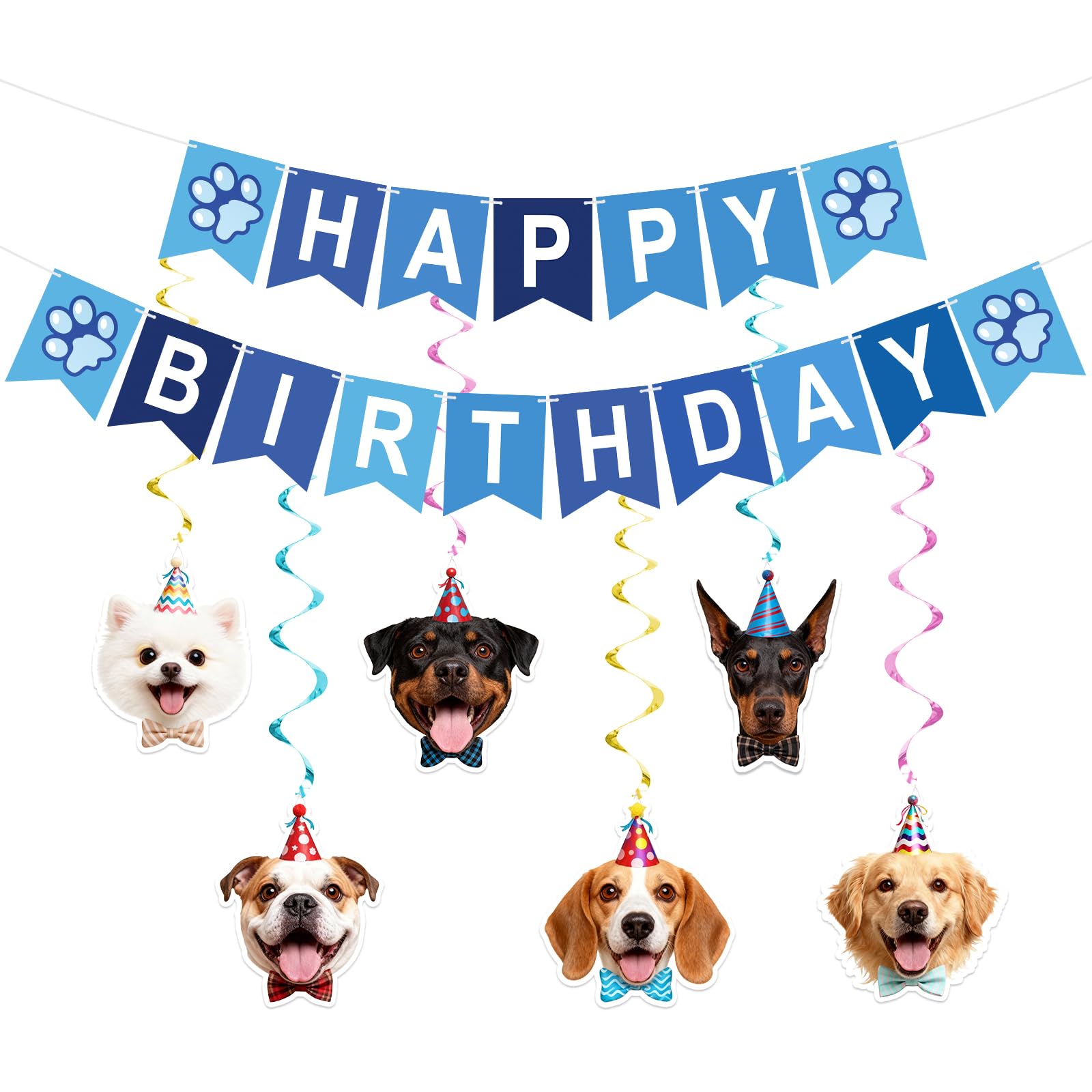 G2PLUS Pre-Strung Dog Birthday Decorations with 6PCS Hanging Swirl, Blue — image 1