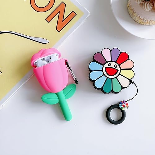 Miniatura 5 de Paquete de 2Funda 3D con diseño de flores para Airpod 21, funda 3D para niños, niñas, adolescentes y mujeres, diseño de tulipán Kawaii + girasol,