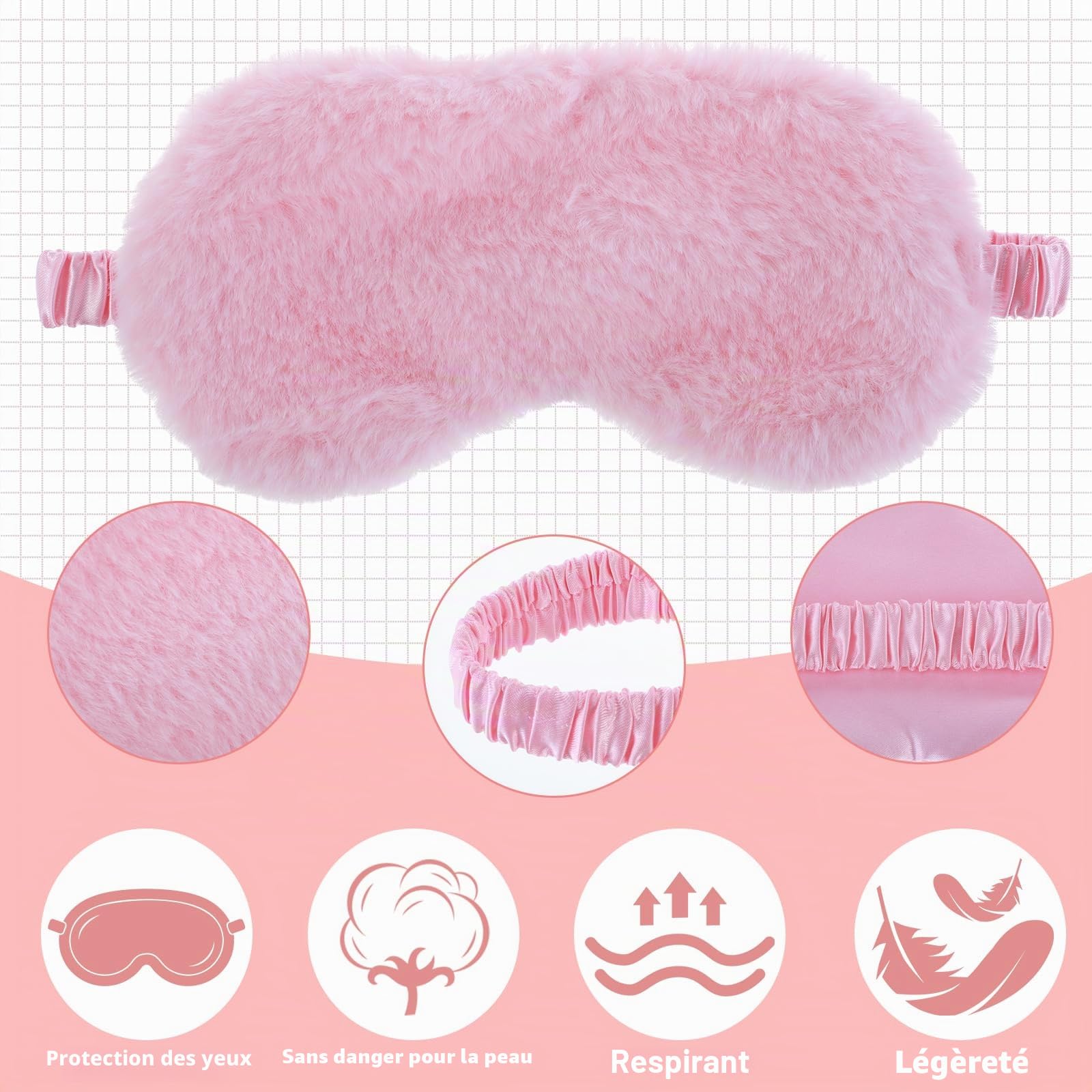 Oruola Lot de 2 masques de sommeil confortables pour enfants, masques de sommeil en peluche avec dos en satin et fausse fourrure pour enfants, femmes, hommes, sieste, rose et blanc