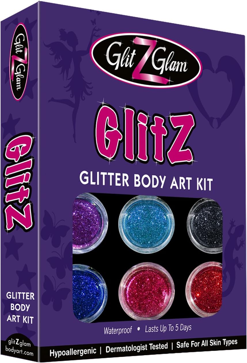 Glitter Tattoo Kit- NEW GLITZ - with 6 Large Glitters & 12 Stencils for boys & Girls. Children Tattoos by GlitZGlam Body Art