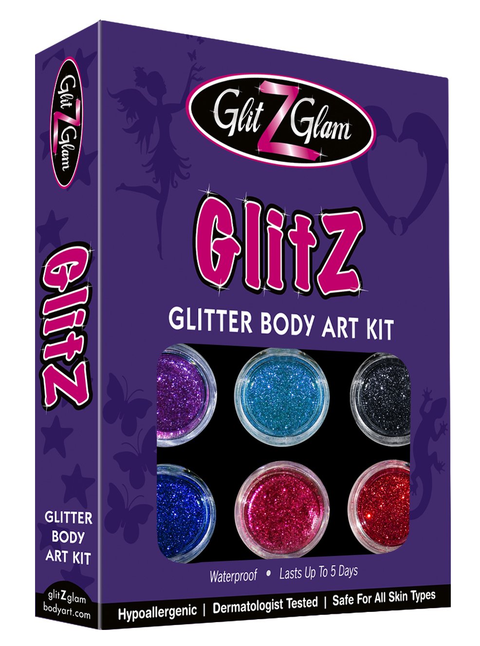 Glitter Tattoo Kit- NEW GLITZ - with 6 Large Glitters & 12 Stencils - HYPOALLERGENIC and DERMATOLOGIST TESTED! - for boys & Girls. Children Tattoos by GlitZGlam Body Art