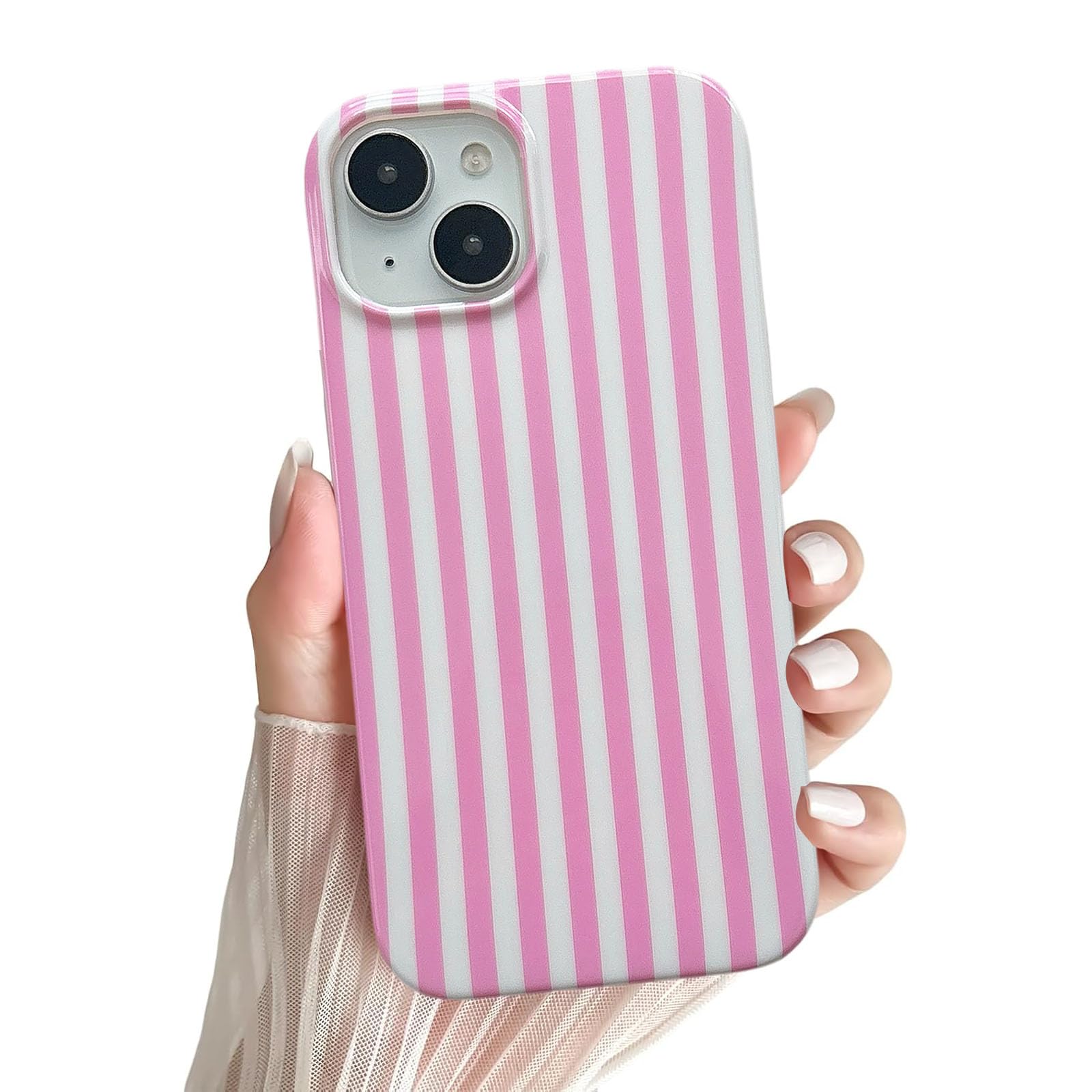 Étui iPhone 15 rayures roses chic idéal pour vos sorties