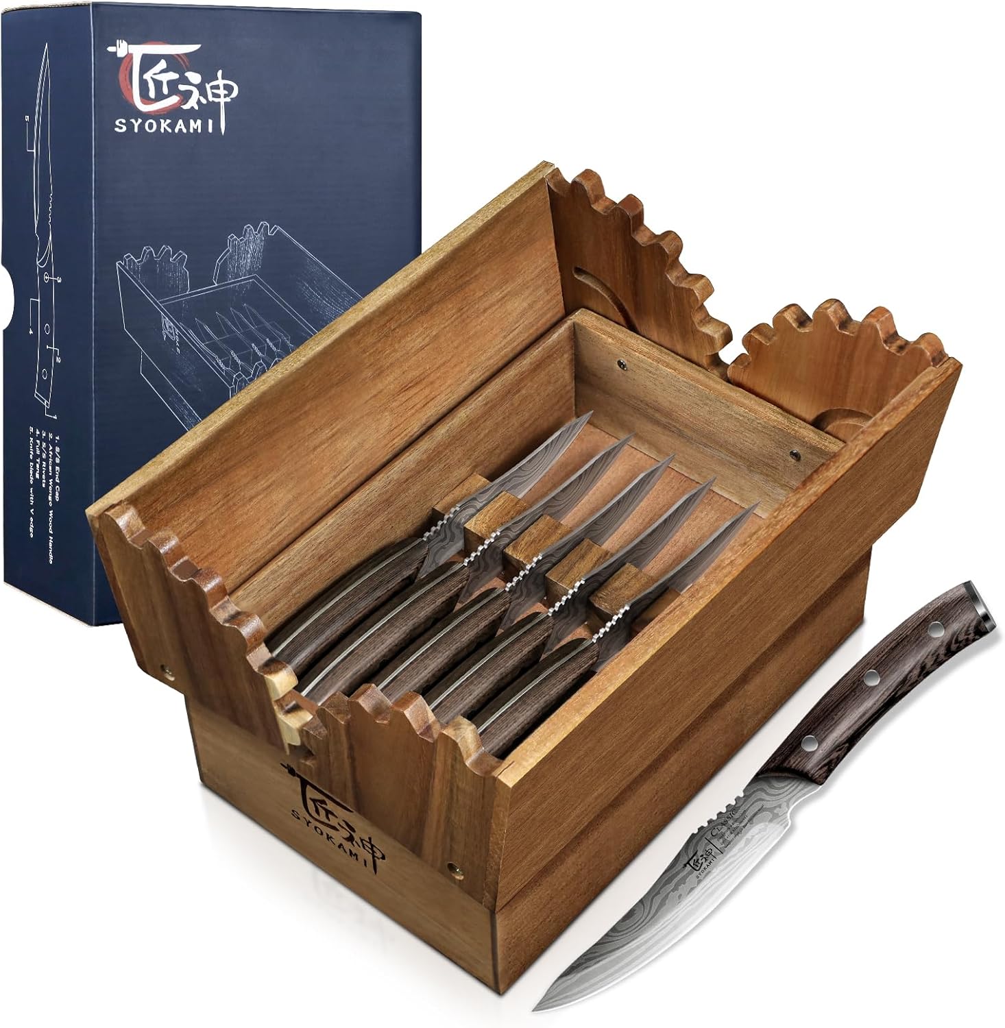 SYOKAMI Steak Knives Set of 6 with Drawer Organizer, 4.8 Inch High Carbon Japanese Style Non Serrated Meat Knife with Wood Handle, Damascus Pattern Full Tang Design, Razor Sharp Dinner Knives