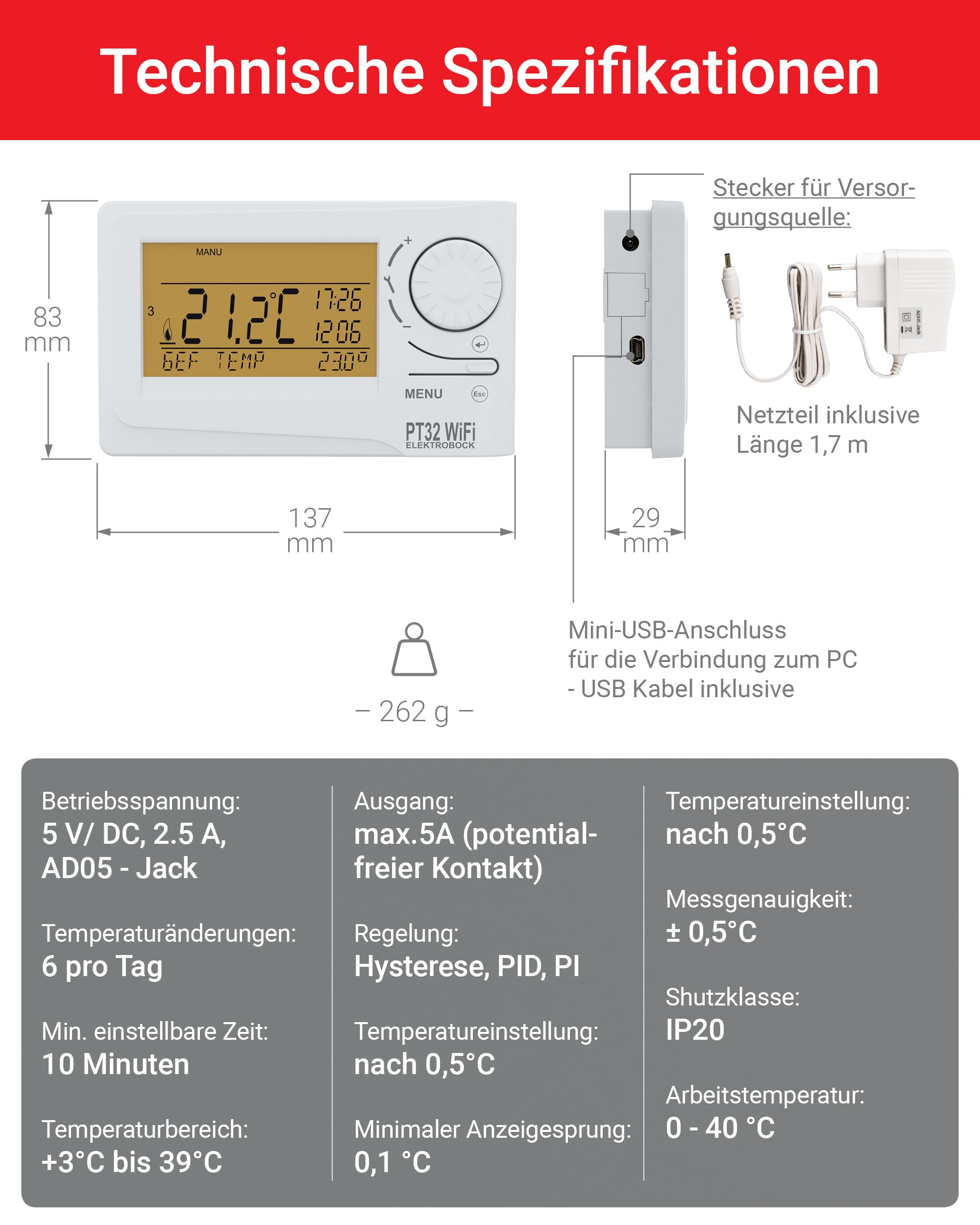 ELEKTROBOCK PT32 WiFi - Digitaler Raumthermostat mit Geolokalisierung - 𝑳𝓐𝑵𝐆𝑳𝜠𝓑𝑰𝐆 - Intelligentes programmierbares Wandthermostat mit App oder manuell - 9 Wochenprogramme, Weiß