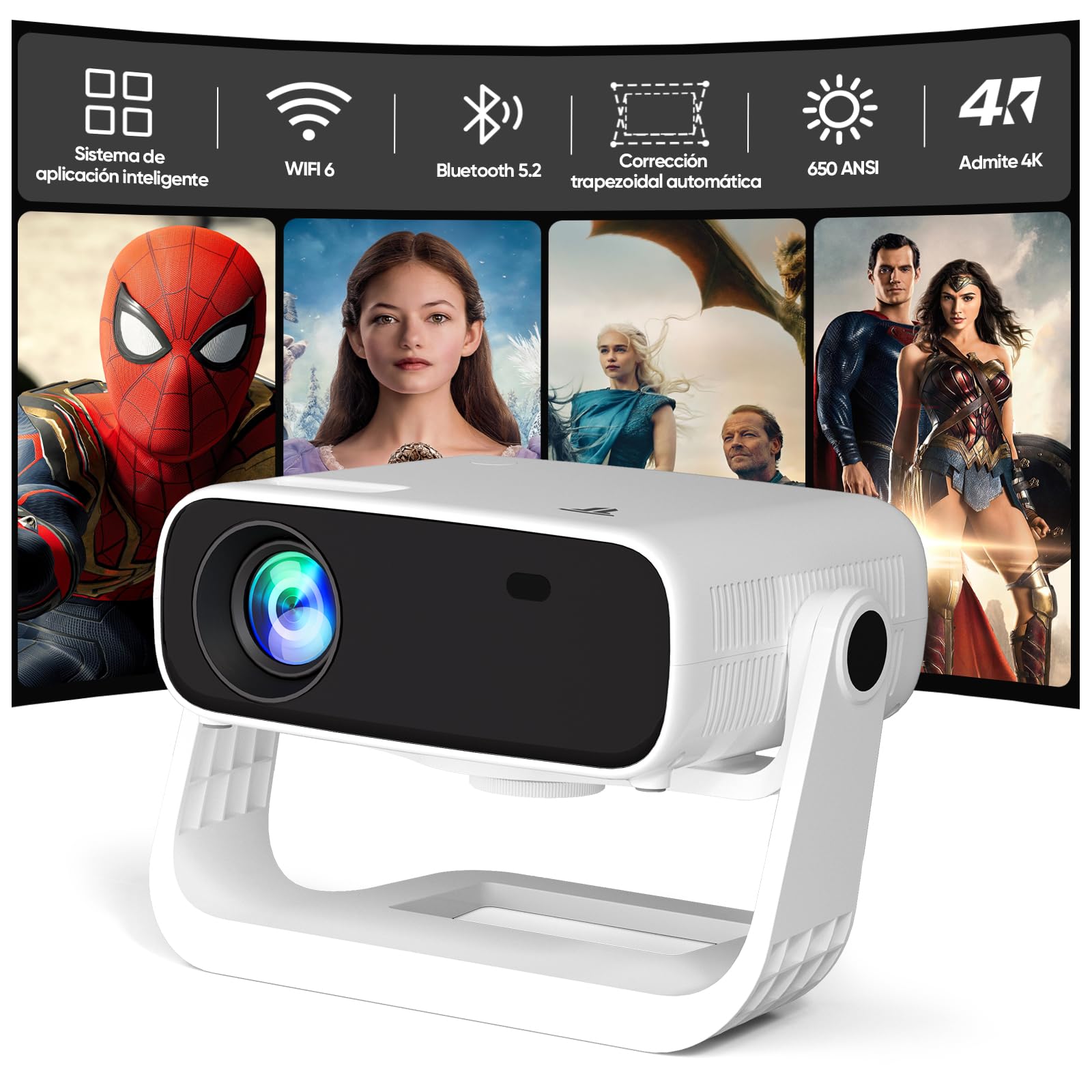 Proyector portátil Wielio 2025 con aplicación integrada, Full HD 1080P, Compatible con 4K,650ANSI, Compatible con Bluetooth, corrección Trapezoidal automática y 4P, Compatible con iOS, Android y HDMI.