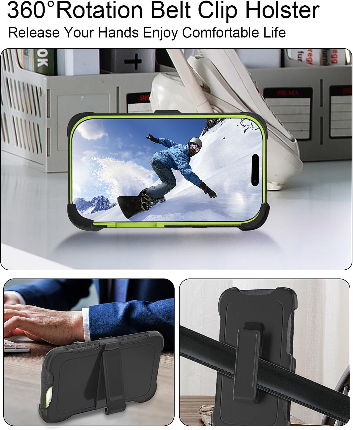 for iPhone 17 Case 6.3" with Belt Clip Holster Kickstand, 2 Screen Protector & 2 Camera Lens Protector, Heavy Duty Full Protection Phone Case Cover(Belt Clip,Black+Green)