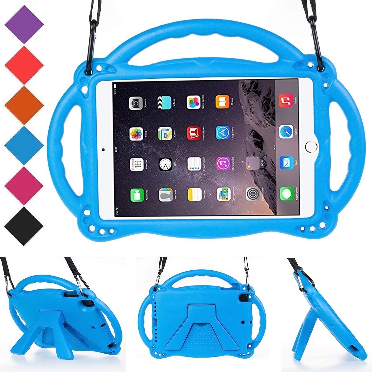 BMOUO Kids Case for iPad Mini 1 2 3 4 - Light Weight Shockproof Friendly Handle Stand Case with Shoulder Strap for iPad Mini 4th Generation, iPad Mini 3rd / Mini 2nd Gen, iPad Mini 7.9" Retina - Blue