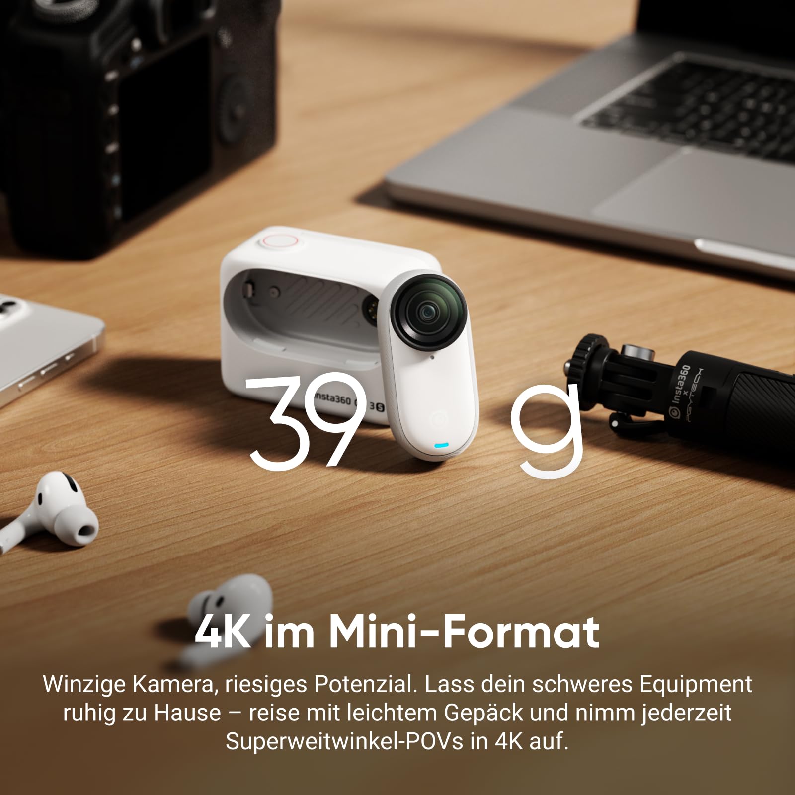 Insta360 GO 3S 128 GB 4K Mini Vlog Kamera, Stabilisierung, 140 min Akku, 10 m wasserdicht, KI-Bearbeitung, Apple Find My