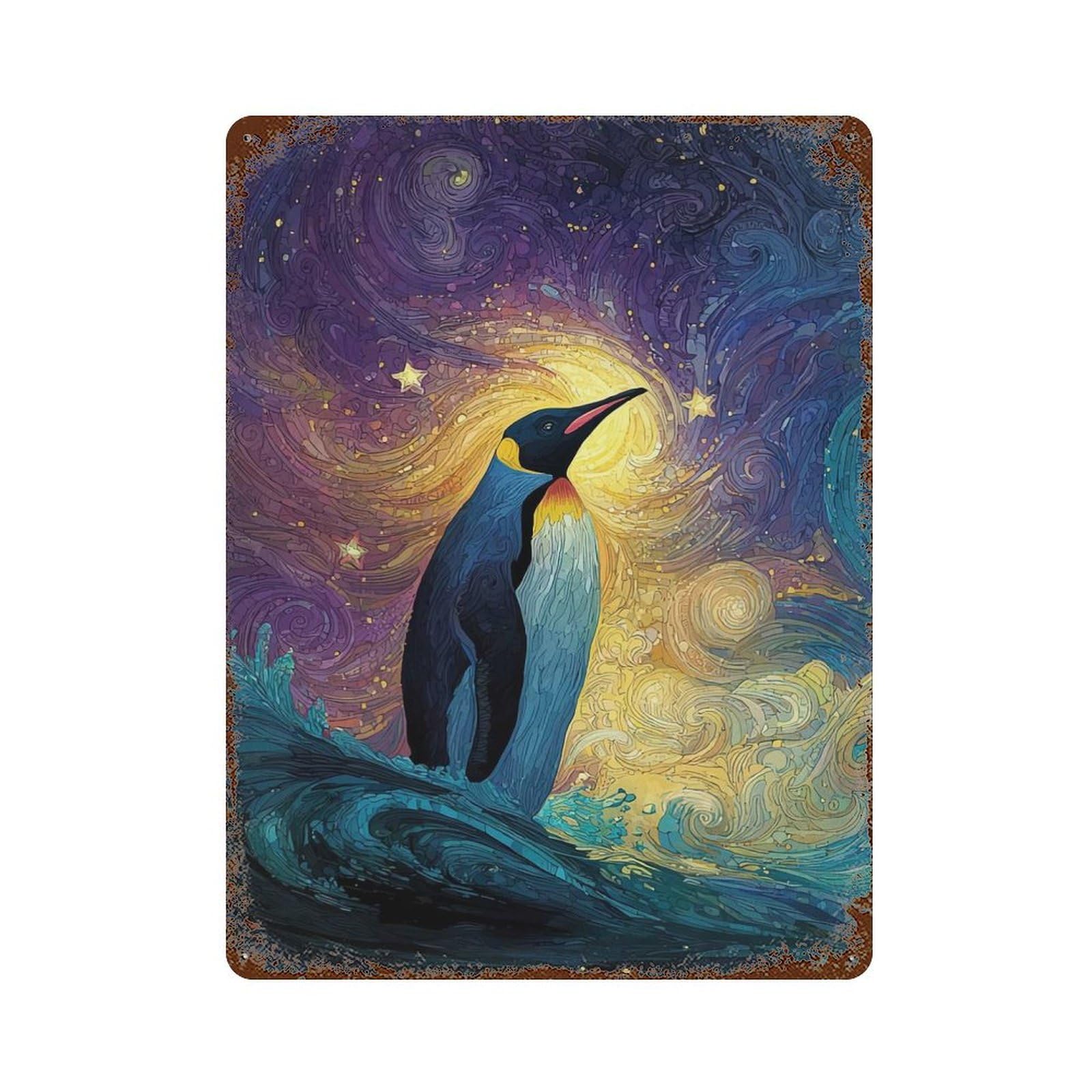 Penguin Starry Night Vintage Rust Metal Sign 15.7"x11.8", Farmhouse Wall Decor for Garage, Pub Or Kitchen