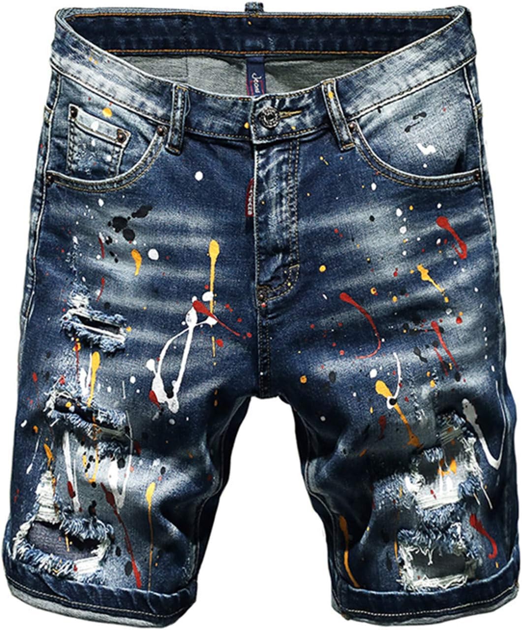 Yiqinyuan Summer Mens Jeans Shorts Paint Point Ripped Hi Street Denim Shorts Fashion Casual Slim Fit Shorts
