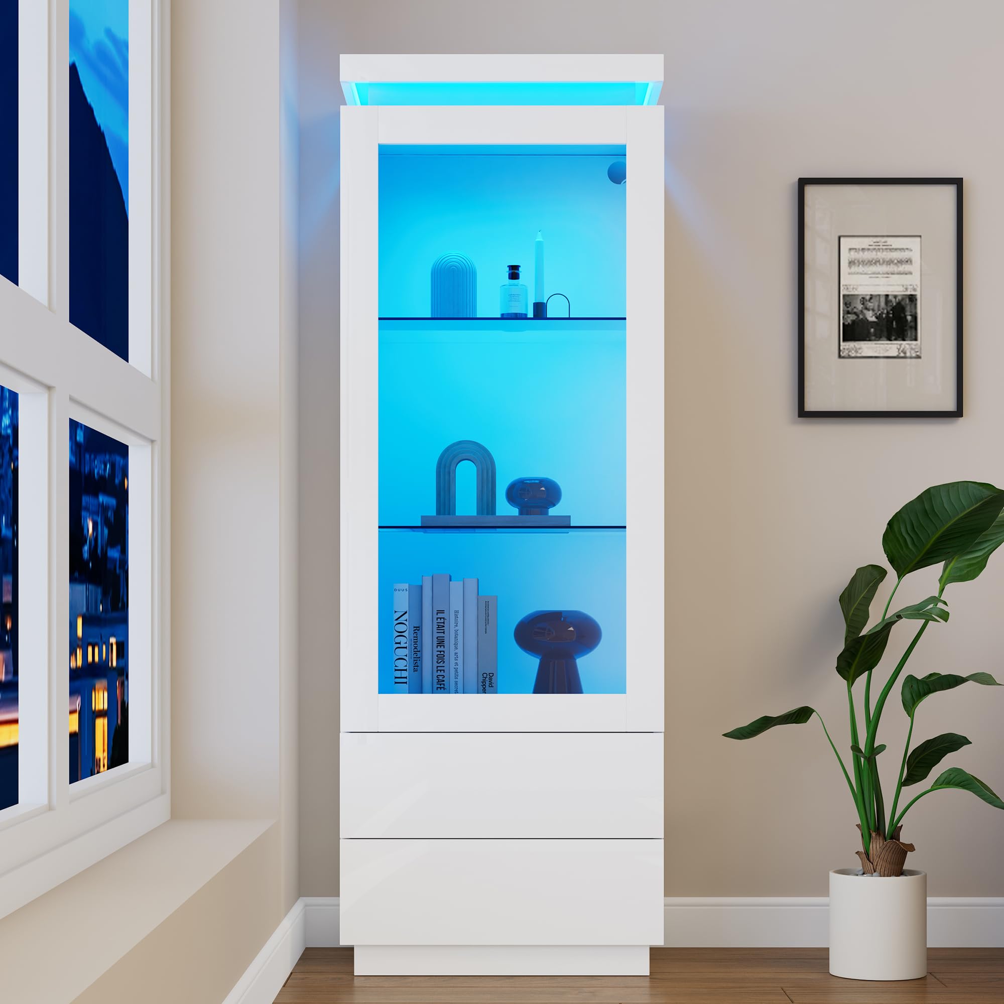 60 x 40 x 171 cm, armario alto con 2 cajones, brillante, vitrina de cristal con LED, armario para el salón, con puertas de cristal y puerta plegable, color: blanco