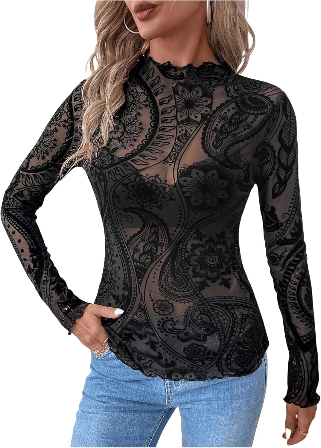 Floerns Women's Elegant Paisley Long Sleeve T Shirt Mock Neck Sheer Mesh Tops