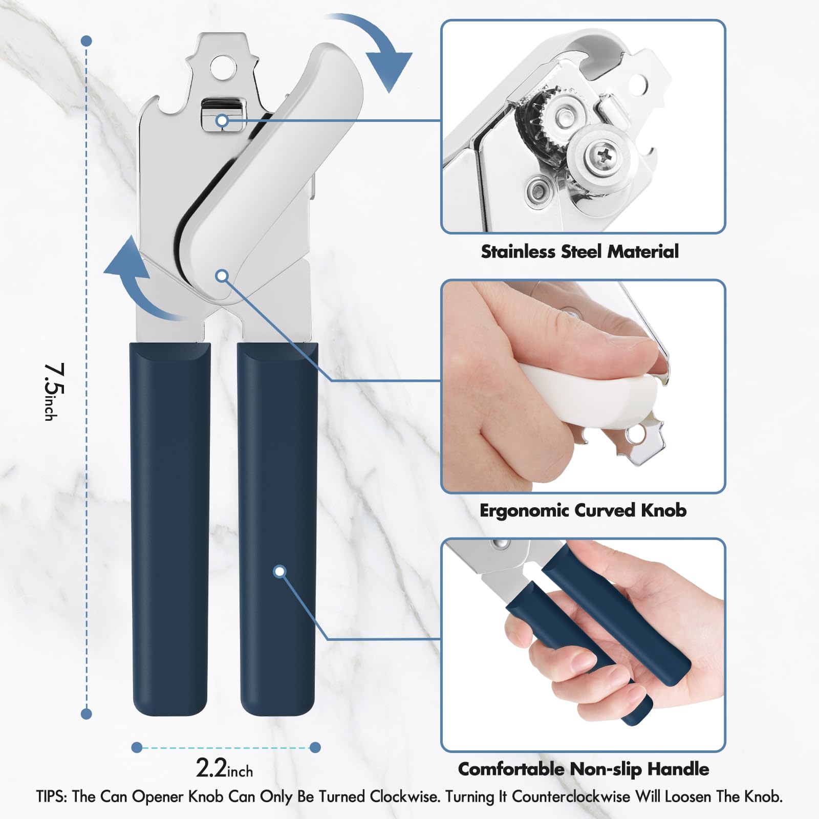Abrelatas manual, abrelatas de mano con asas antideslizantes cómodas, abrelatas de acero inoxidable resistente, borde liso y abrebotellas, abrelatas de fácil giro para personas mayores