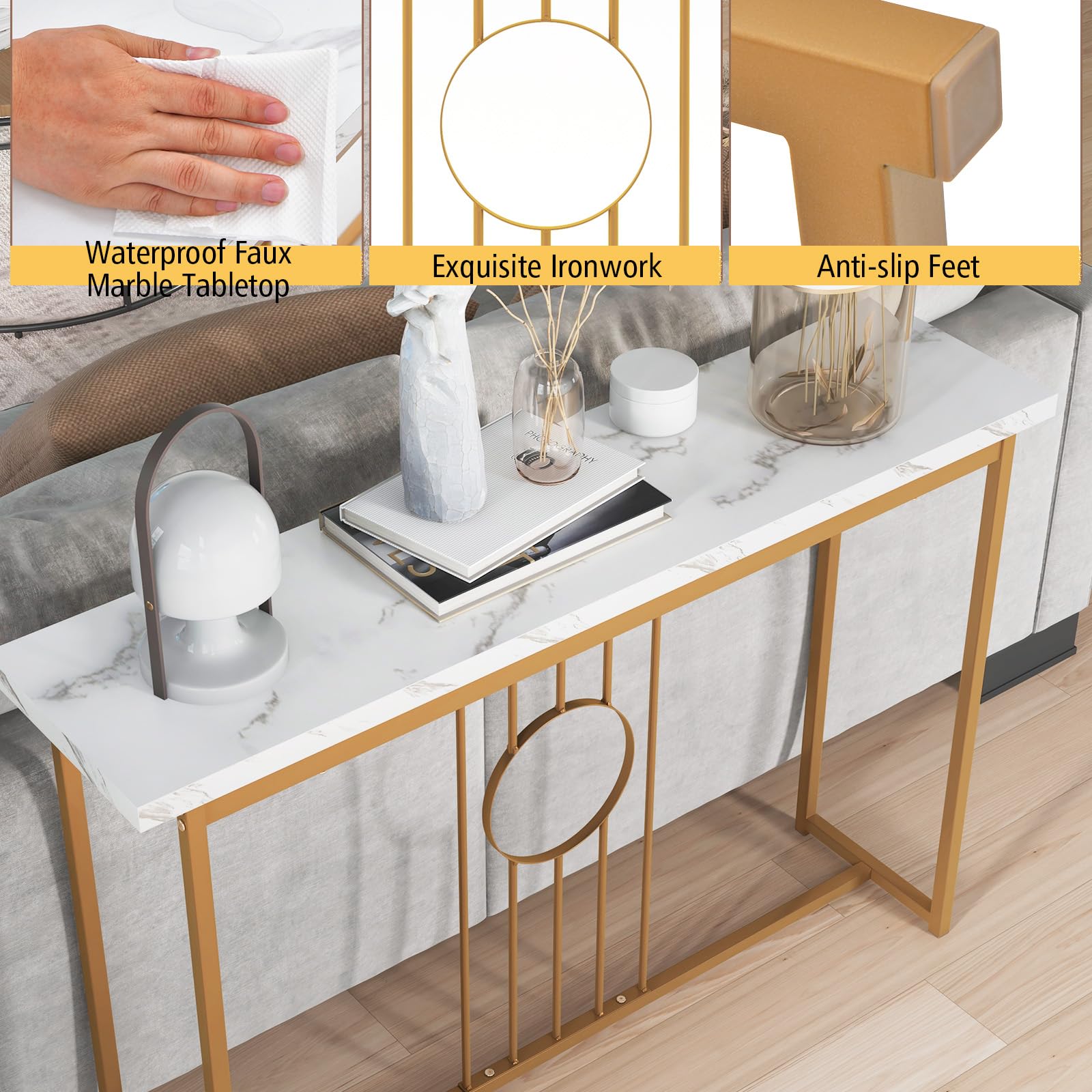 LIFEZEAL Table Console en Marbre, Meuble Entrée, Table d'Appoint Étroite avec Structure en Métal, Style Moderne, pour Entrée, Couloir, Salon, 120 x 30 x 80,5 cm, Blanc et Doré