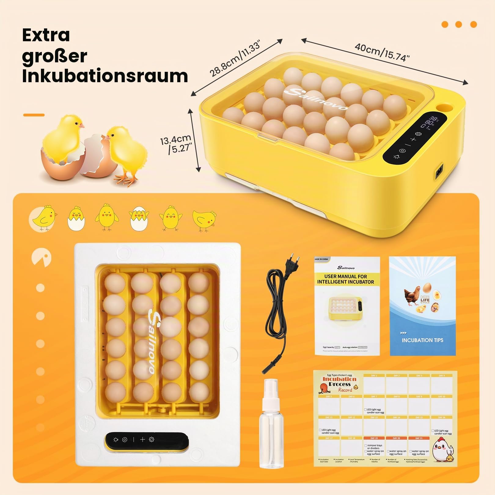 Sailnovo-24 Brutautomat für Hühner, Andere Vögel + 20 Eier + Brutautomat vollautomatisch + Temperaturkontrolle + Feuchtigkeitsanzeige + Externer Wasserzugabe- Gelb