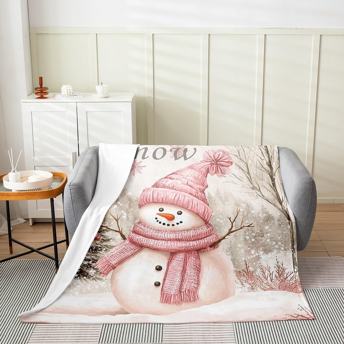 Cute Winter Snowman Flannel Blanket for Kids Adults,Merry Christmas Tree Farmhouse Style Flannel Fleece Blanket Throw 50"x60",Pink Scarf Botanical Trees Bedroom Decor Bed Sofa Couch Blankets