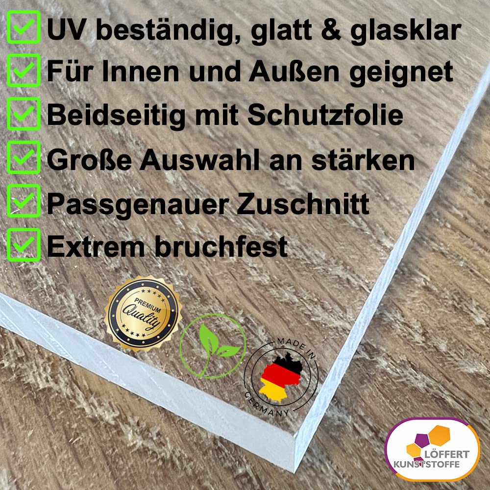 Löffert Kunststoffe Acrylglas XT Plexiglas Zuschnitt Wunschmaß eintippen Scheibe transparent 3mm 4mm 5mm 6mm 8mm Stärke 24h Versand (4mm, 1500x600 mm - eintippen)