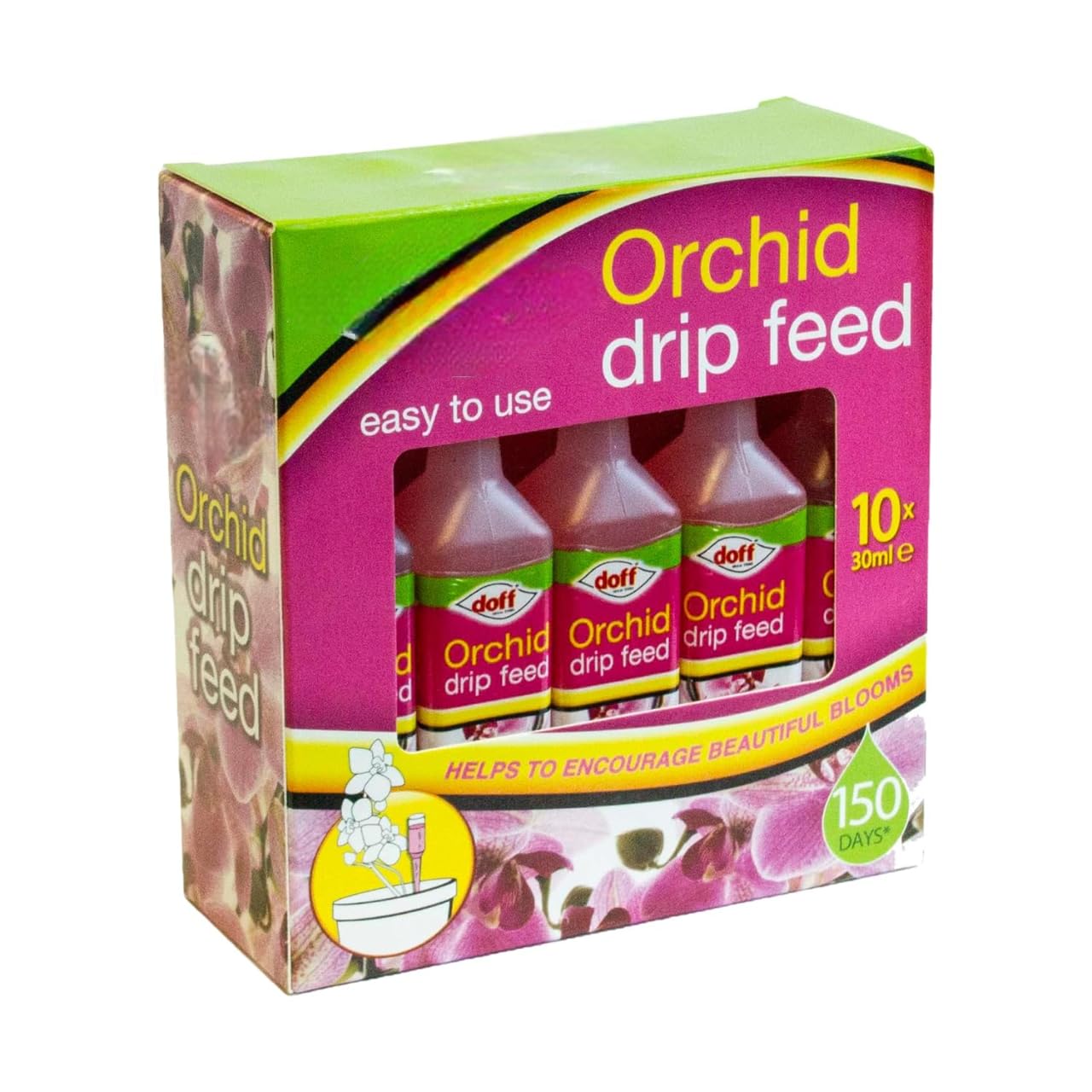 Doff Orchid Plant Drip Feeders - Ready to Use Drip Feed - Hanging Basket & Tubs - Fertilizer Food Growth Nutrients Bottles - Helps to Encourage Vibrant Colours & Bloom - House Plant Food 10 Pack