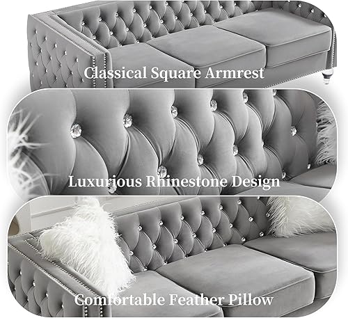 Miniatura 5 de Sofá Chesterfield de 83 pulgadas, sofá tapizado moderno de mediados de siglo con 2 almohadas y patas acrílicas, sofá vintage copetudo con botones