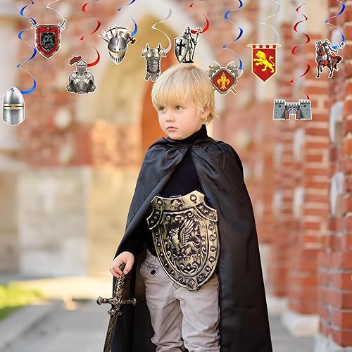 Miniatura 5 de Janlaugh 18 piezas de decoraciones medievales para fiestas, incluye remolinos colgantes, decoración medieval, castillo medieval, banderín, banderín,