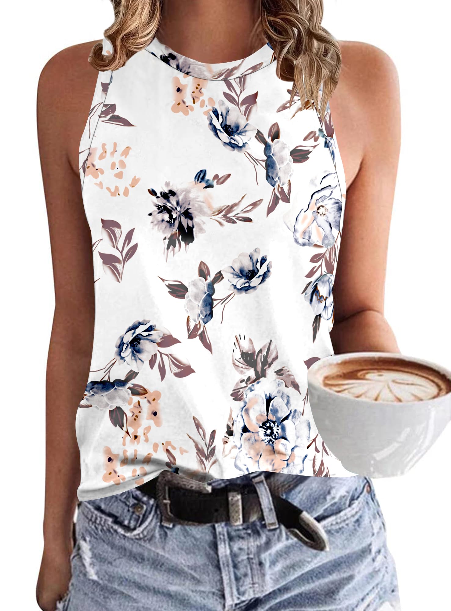 WNEEDU Damen Tank Top Ärmellos Oberteile Sommer Tanktops Rundhals Blusentop Vest Top Bluse Basic