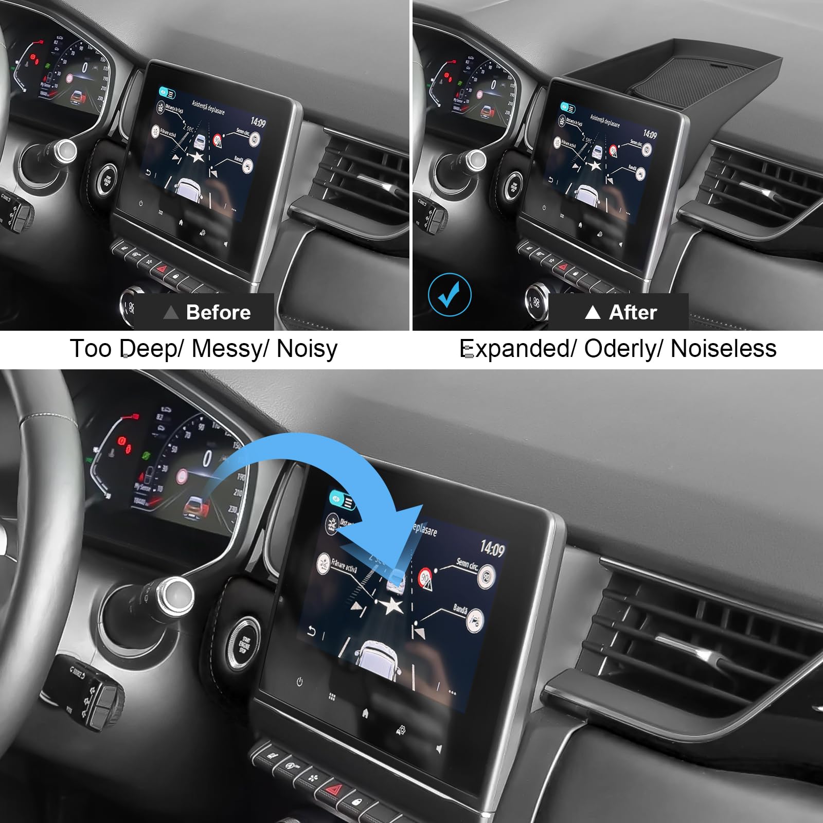 Boîte de Rangement pour Tableau de Bord Central Compatible avec Renault Captur 2 2020-2024, Organisateur de Console Centrale, Plateau Rangement de Console avec Tapis Antidérapants (Noir)