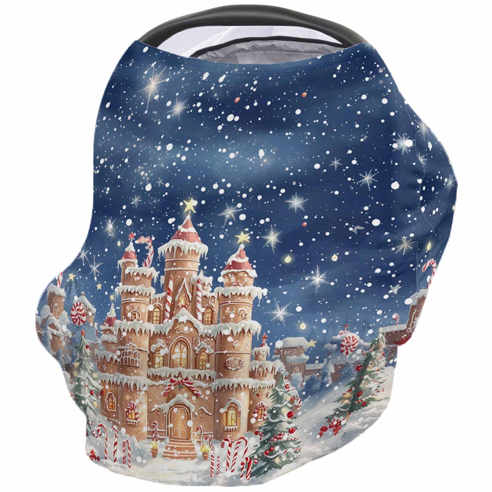 Nursing Cover for Breastfeeding Scarf, Christmas Candy Gingerbread Castle Snowy Night Baby Car Covers Super Soft Multi Use for Canopy Shopping Cart Cover Blanket Stroller Cover