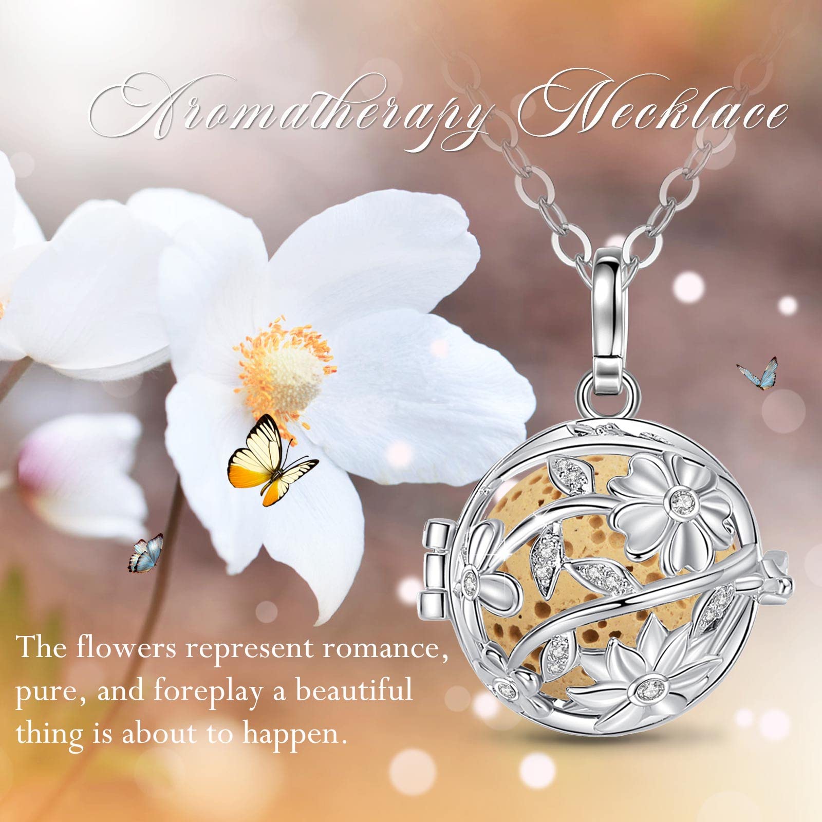 EUDORA Harmony Ball Collana Aromaterapia Ciondolo con Oli Essenziali per Donna, Collana con Diffusore Regalo di Gioielli per Ragazze con 7 Pezzi di Pietra Lavica, 24 Pollici