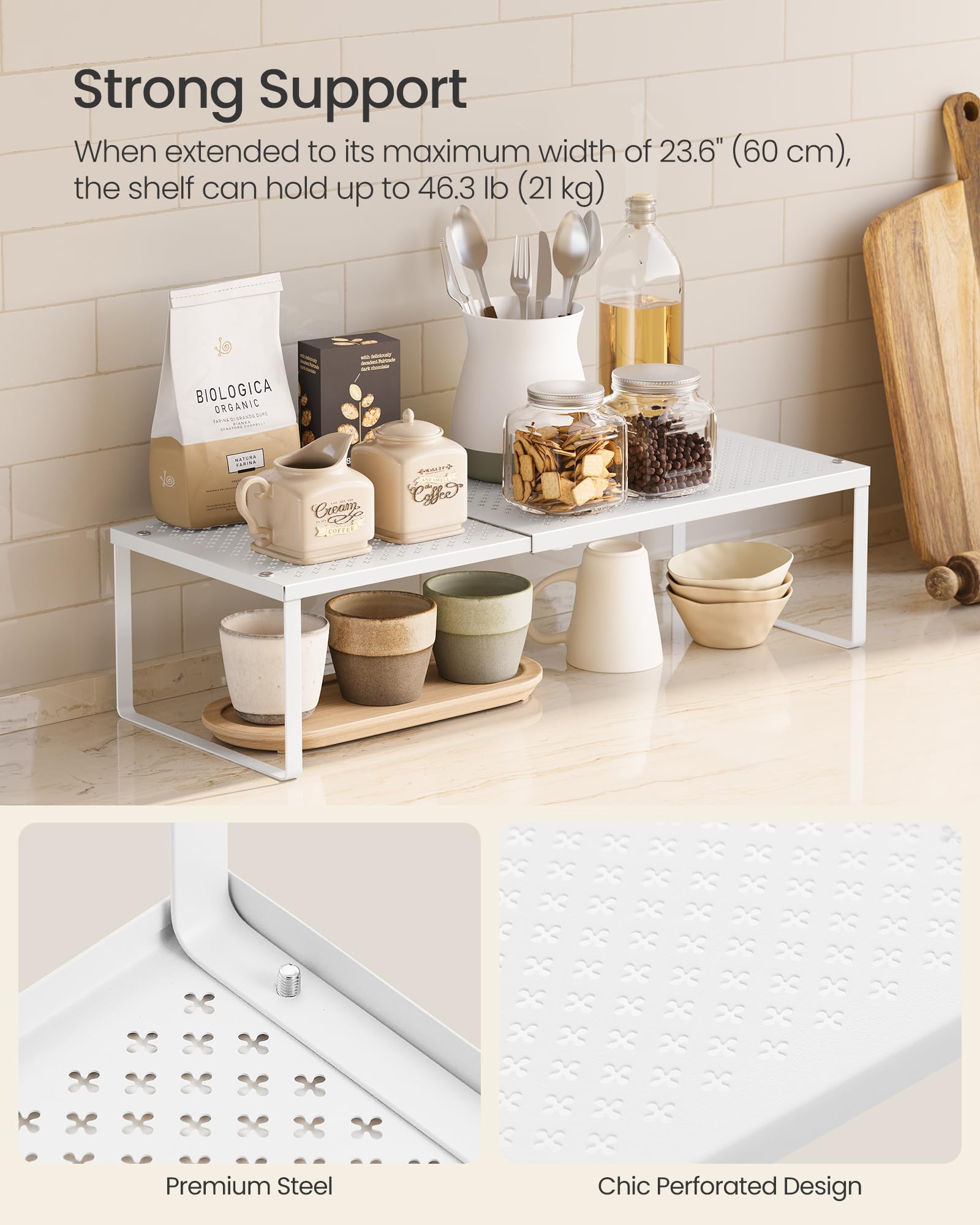 SONGMICS Spice Racks, Extendable Cupboard Organisers, Kitchen Countertop Shelves, Set of 2, Space-Saving Metal Storage - Image 3