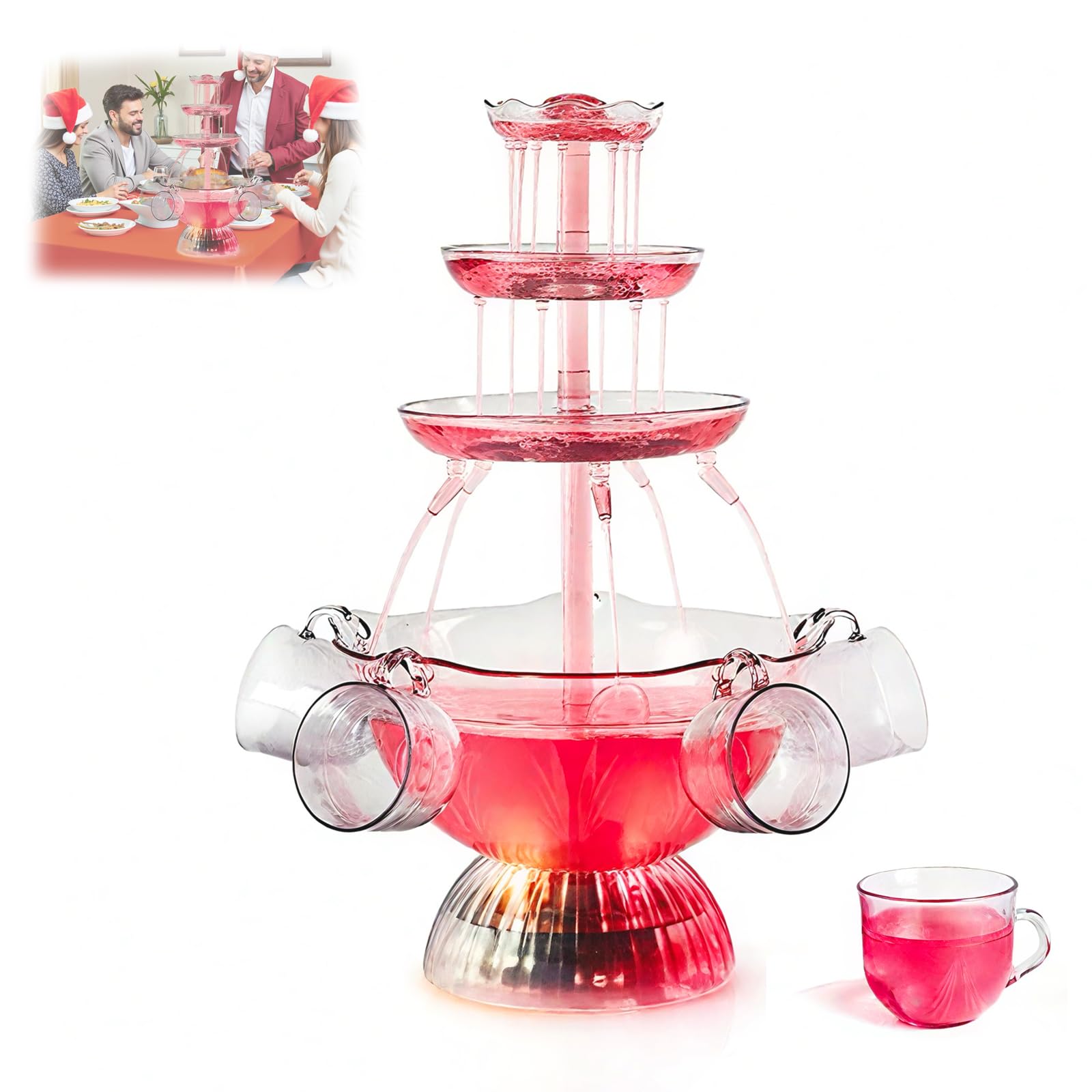 Fontaine de fête à 3 niveaux avec éclairage, 5 gobelets réutilisables, socle éclairé par LED, tour de boissons pour mariages, fêtes, célébrations et bars