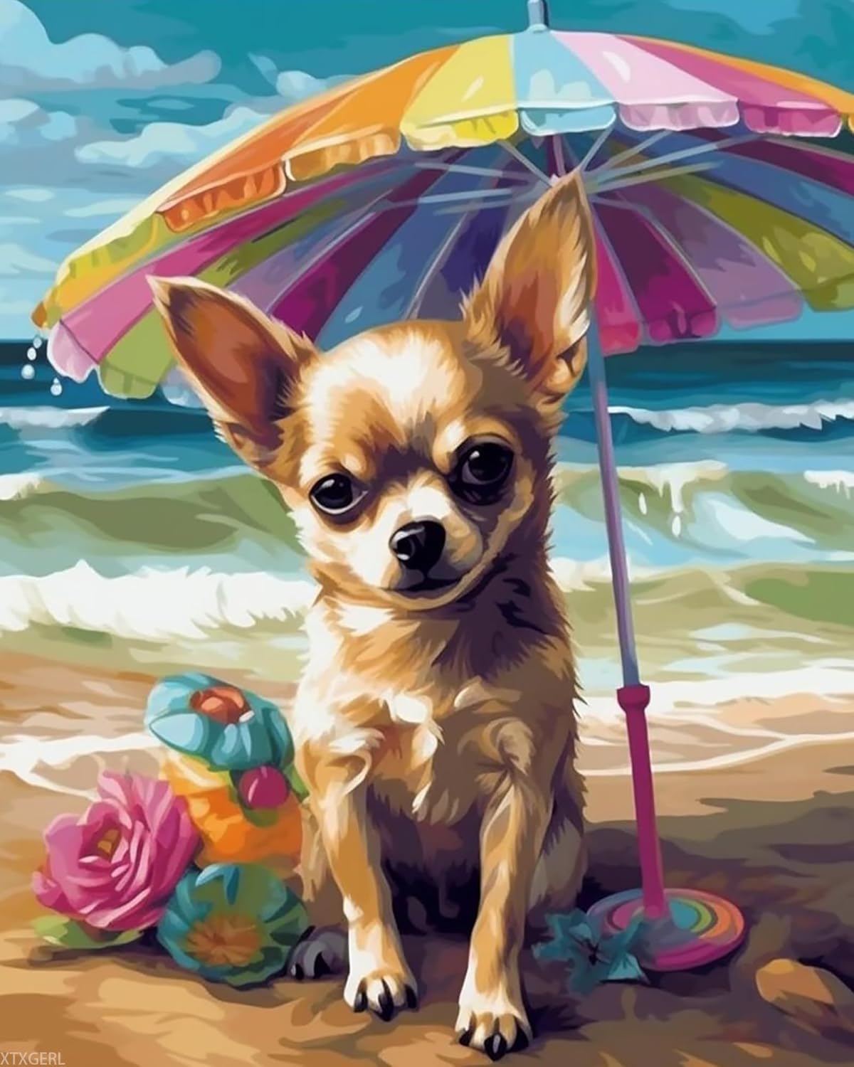 XTXGERL Paint by Numbers Kit for Adults Beginner Chihuahua Dog on Beach Vacation Oil Paingting Kits Drawing DIY Acrylic Arts Craft Kit Gift for Home Decor 16x20 Inch