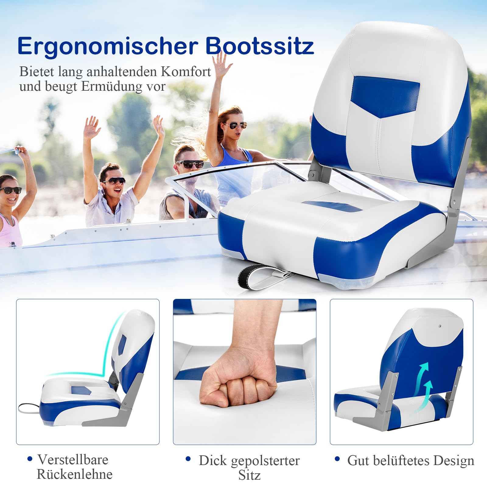 GYMAX Juego de 2 Asientos para Barco Plegables y Acolchados, 42 x 50 x 52 cm, Asiento Plegable para Barcos (Azul y Blanco)