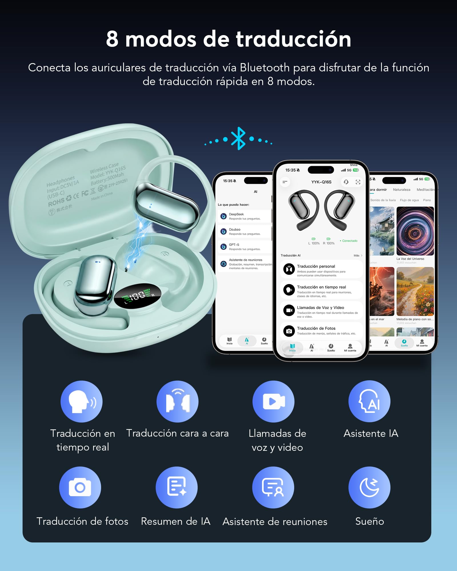 Auriculares Traductor en Tiempo Real 8 Modos Traducción con 198 Idiomas | 3 en 1 Auriculares Traductores de Idiomas, 60H Cascos Oreja Abierta Bluetooth 6.1 para Viajes, Reuniones Azul