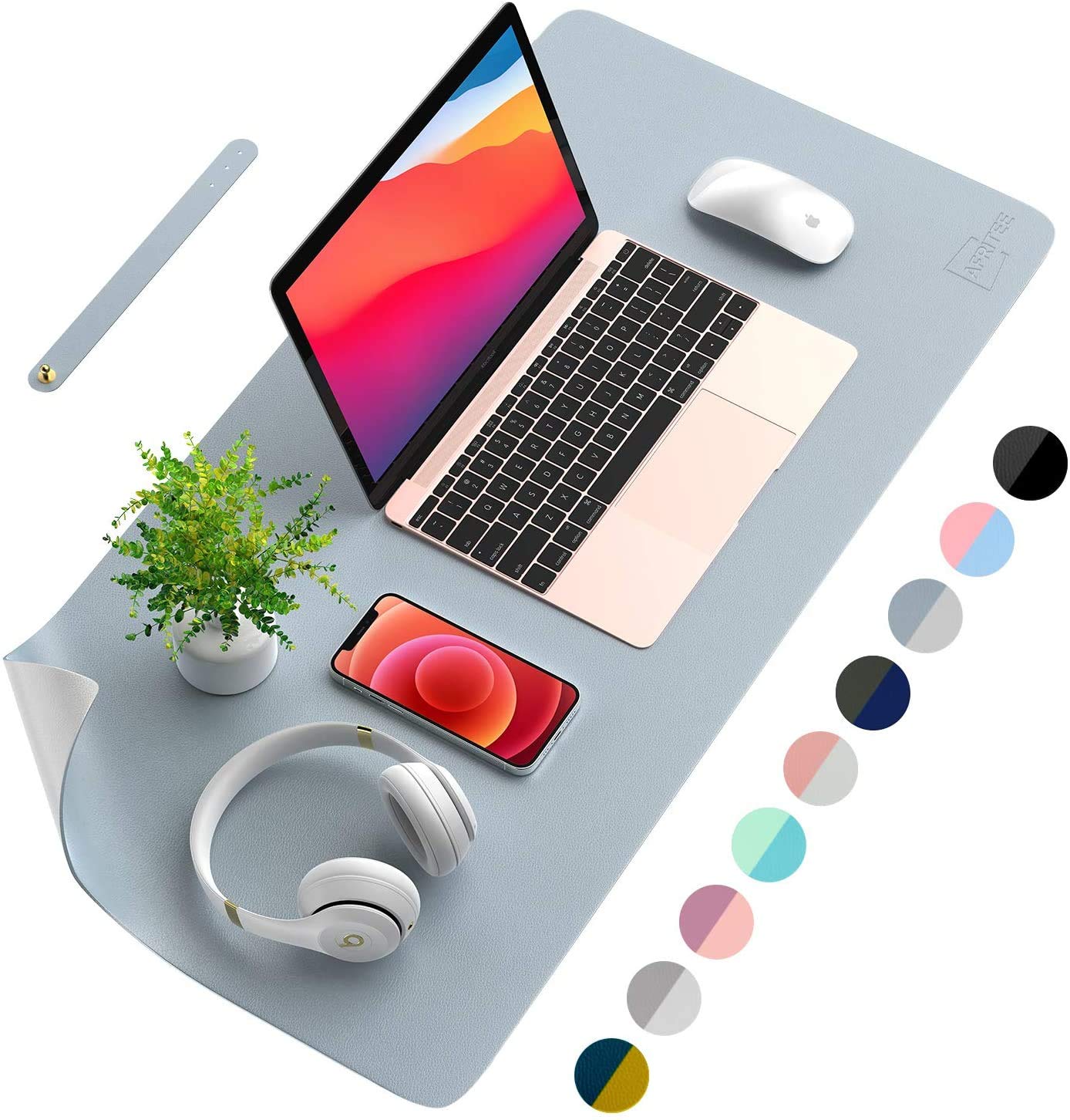 AAA SAFE Leather Desk Pad Protector,Mouse Pad,Office Desk Mat,Non-Slip PU Leather Desk Blotter,Laptop Desk Pad,Waterproof Desk Writing Pad for Office and Home (Light blue & silver)