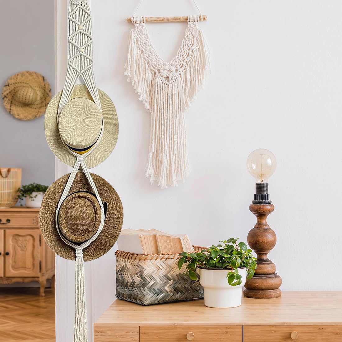 LINXIU Makramee-Hut-Kleiderbügel, Boho-Hutständer für Wand, dekorativ, Bohemian-Stil, Cowboy-Hüte, Halter für breite Krempe, Fedoras-Mützen (2 Hüte)