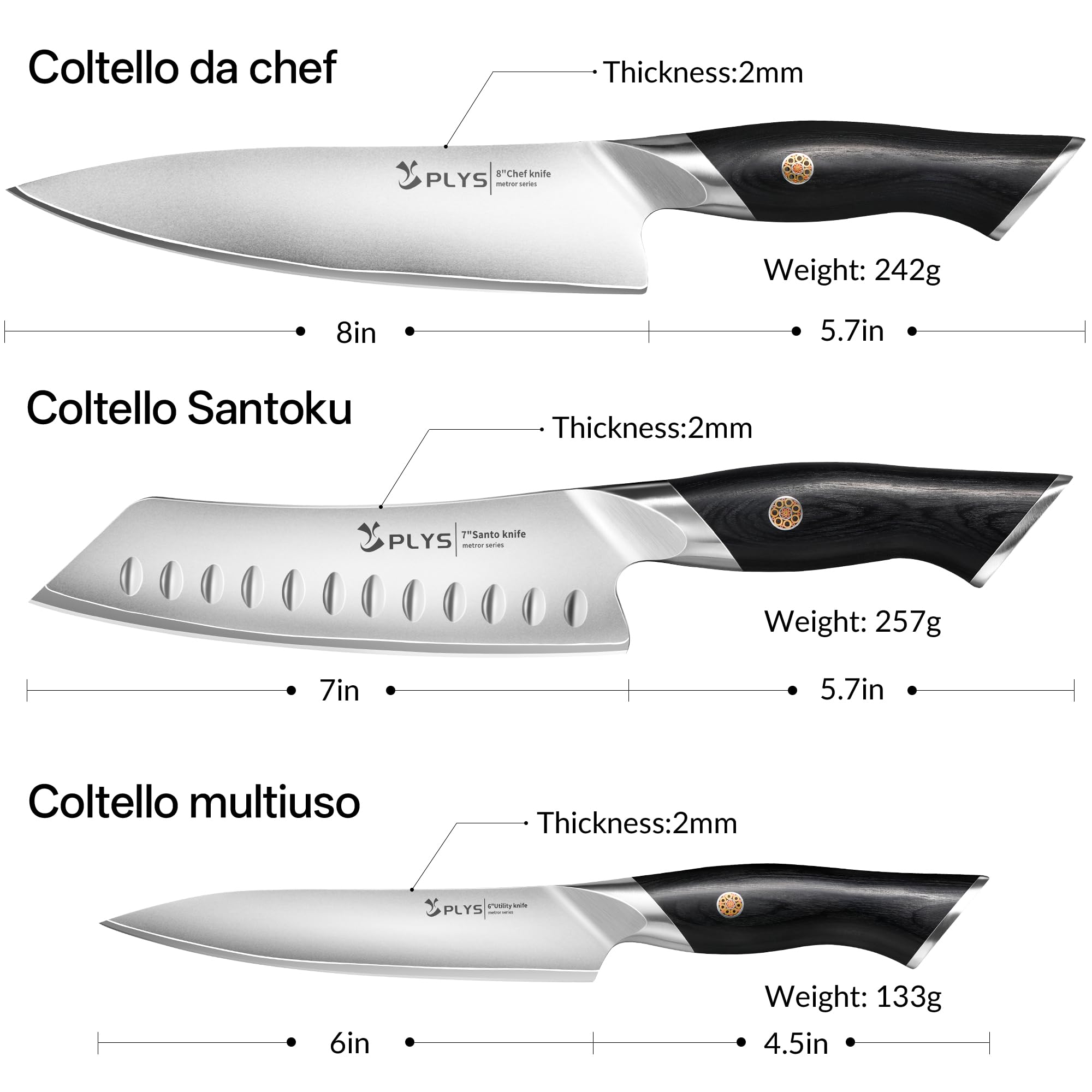 Plys Set di Coltelli da Cucina: 3 Pezzi, Acciaio Inossidabile 10cr15mov, Manico in Legno Pakka, Include Un Coltello da Chef, Un Coltello Santoku e Un Coltello Multiuso, Confezione Regalo