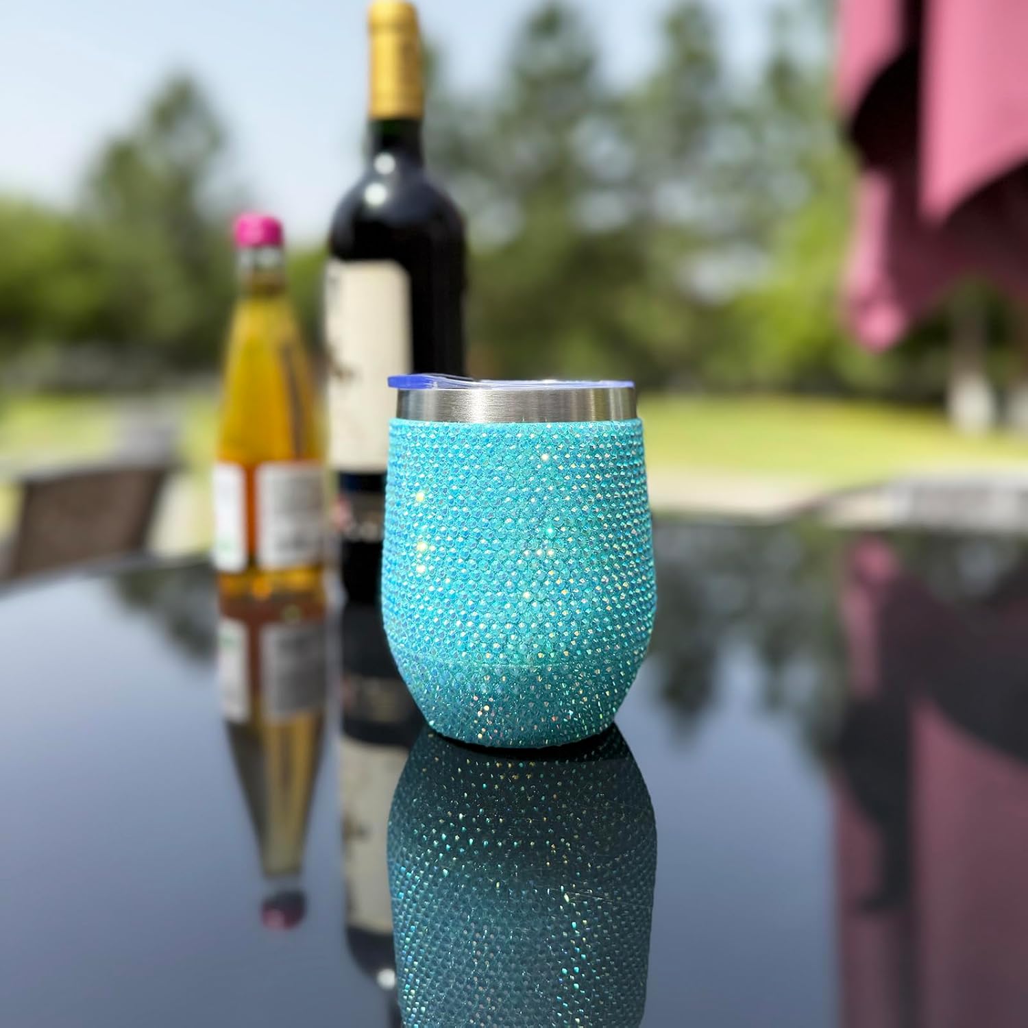 12 oz Bling Wine Tumbler with Lid Rhinestone Insulated Wine Glass Tumbler Double-Wall Vacuum Stainless Steel Coffee Mug Sparkly Travel Cup for Beer Champaign Cocktail (Aqua Blue) - Image 6