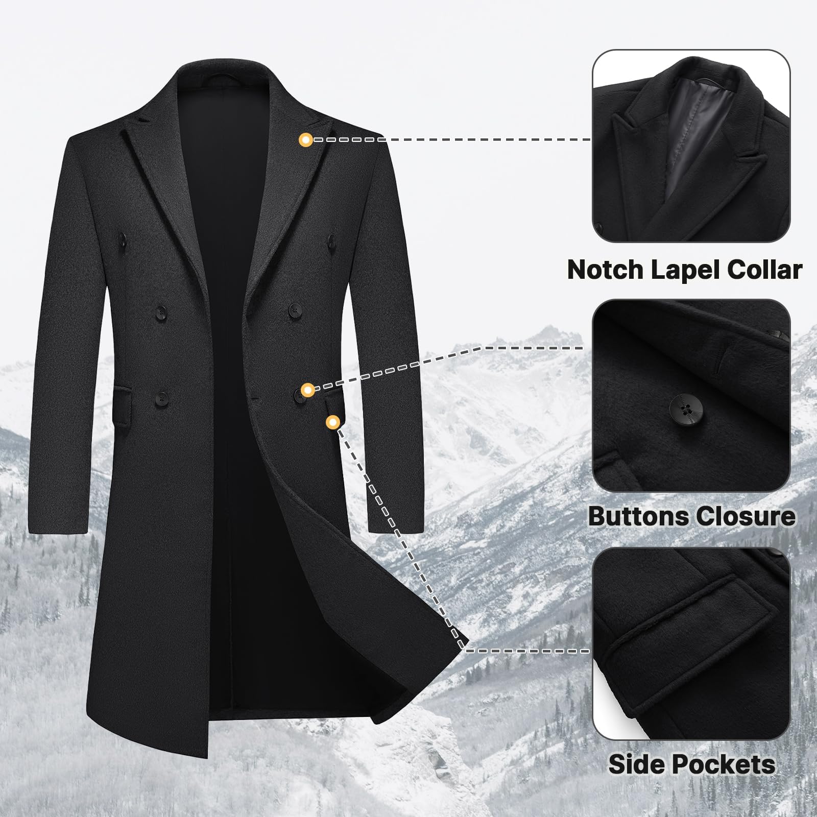 Manteau Homme en Laine Longue Hiver Chaud Trench-Coat Homme Épais Slim Fit Casual