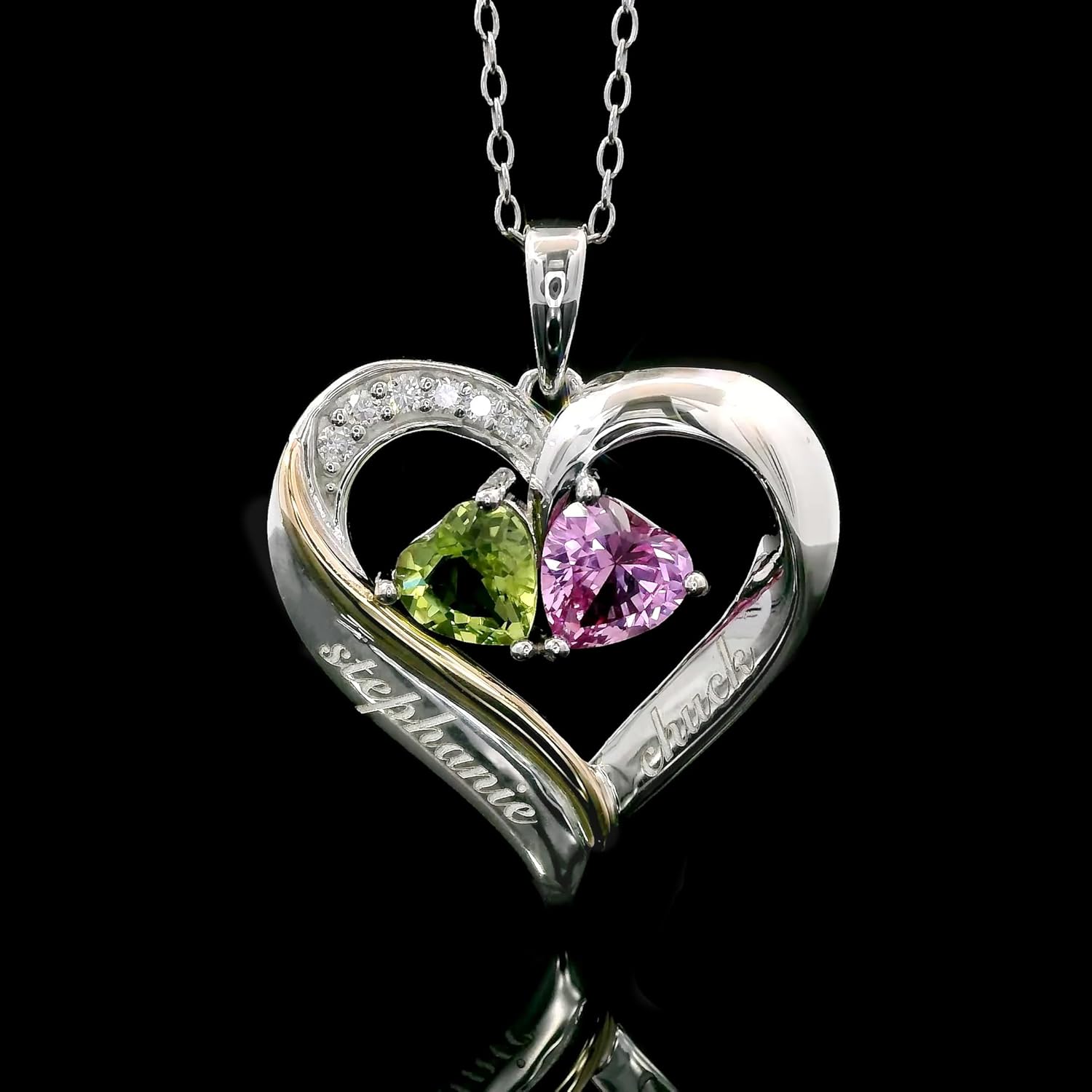 2-Heart Couple Name Engraved Pendant Necklace For Women | 925 Sterling Silver and 10K Yellow Gold | Customized and Personalized | Gemstone Birthstone and Lab Grown Diamond | 18 Inch Silver Chain
