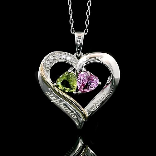Vista 5 de Collar con colgante de corazón con nombre de pareja grabado para mujer Plata de ley 925 y oro amarillo de 10K Personalizado y adaptado Piedra