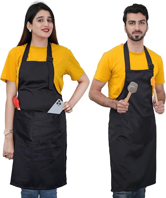Enduring Unisex Adjustable Bib Aprons for Women with Pockets, 100% Cotton Fabric Black Apron, Cooking Aprons for Men, Durable Stitching, Large Coverage and Long Ties.