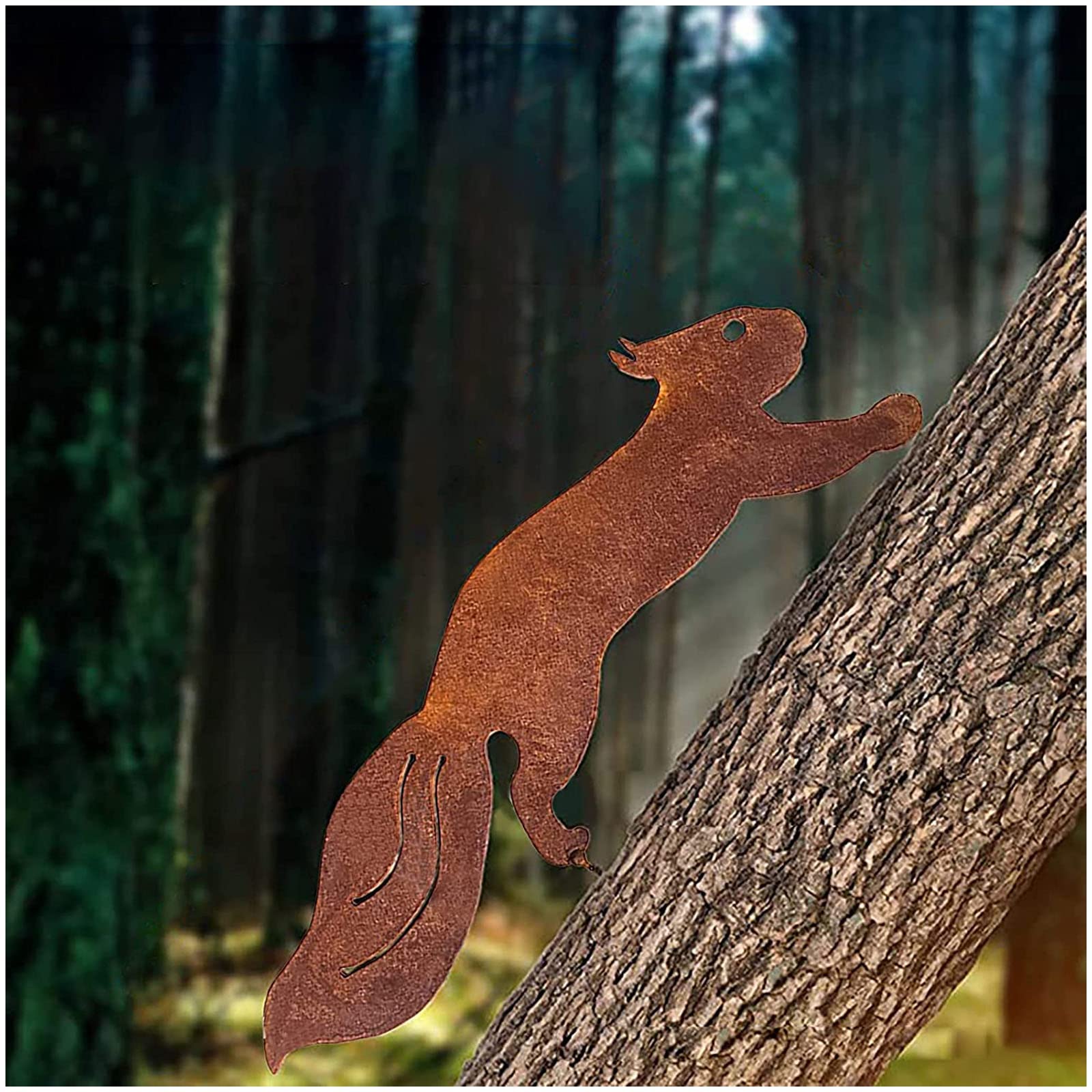 Umikk Garden Stake Rust Decoration, Squirrel Decoration, Length 42 cm x Height 15 cm, Rusted Squirrel, Metal Tree Stake for Wood, Fence Figures, Garden Decoration