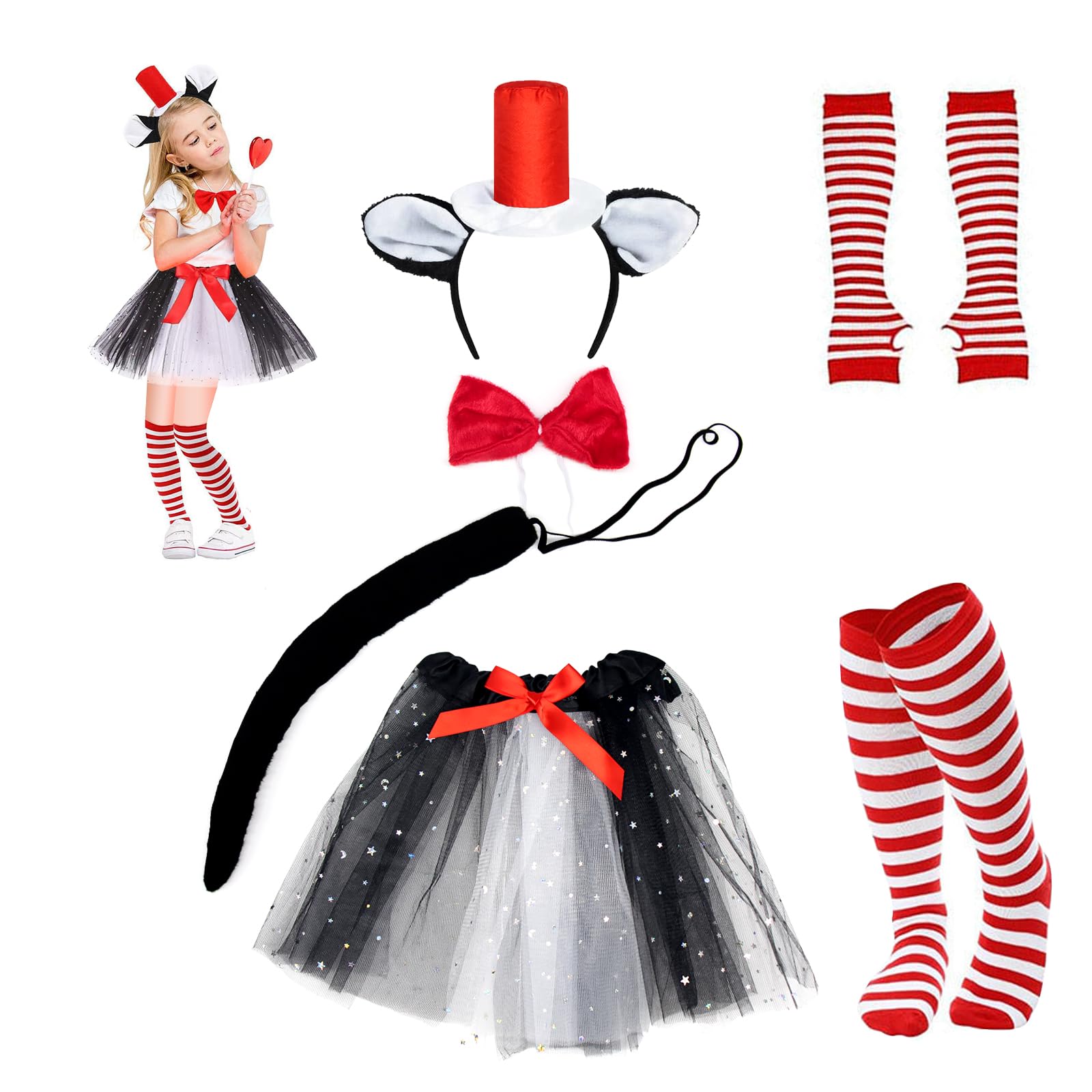 KUIRUNRX Cat Costume Set, 8Pcs Tutu Skirt with Cat Ear Top Hat Headband Bowtie Cat Tail High Socks Long Gloves for Kids Cosplay Accessory Kit