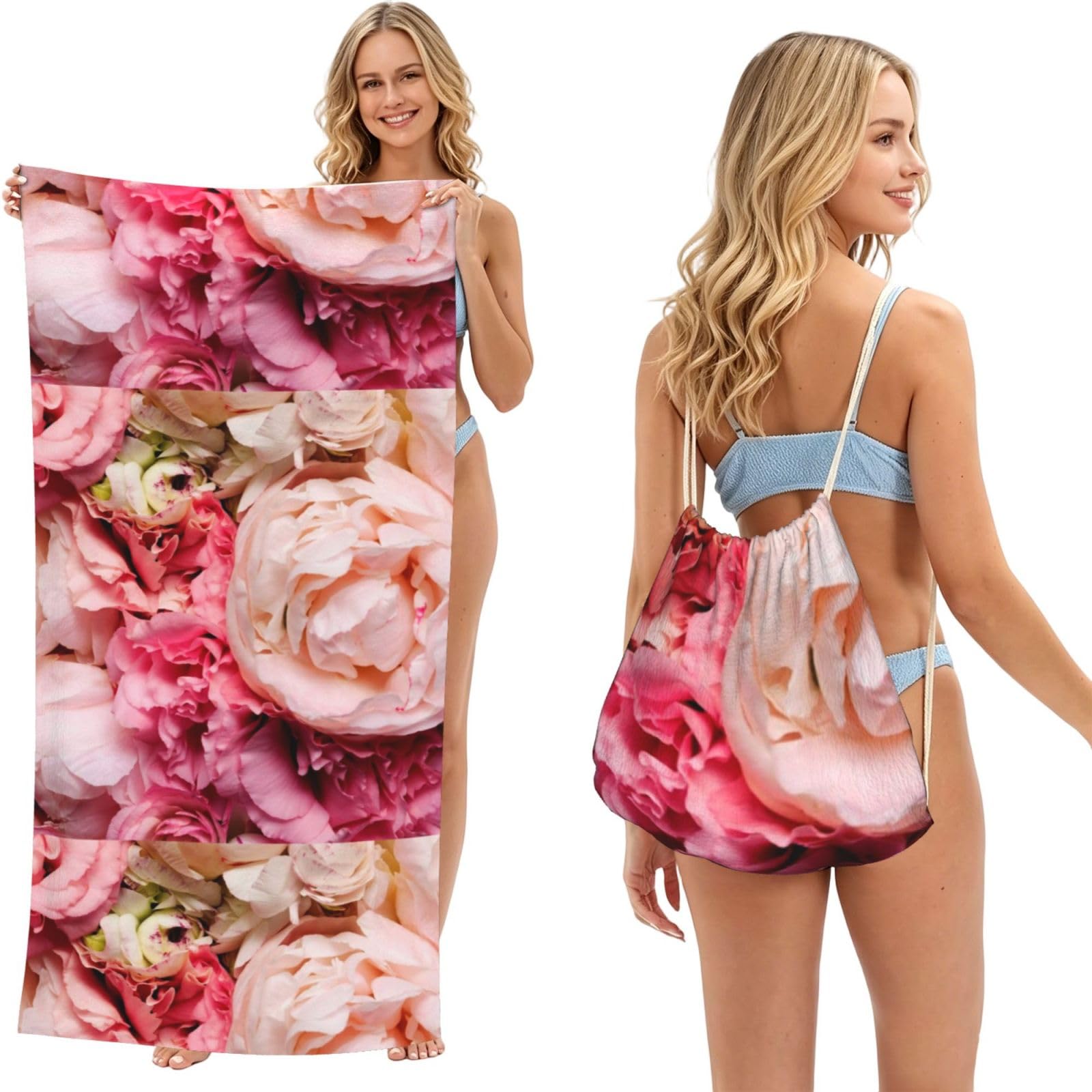 Poadnly As Picture Peony, 2 In 1 Packable Towel Bag, Beach Towels With Drawstring Backpack For Travel Holiday Camping