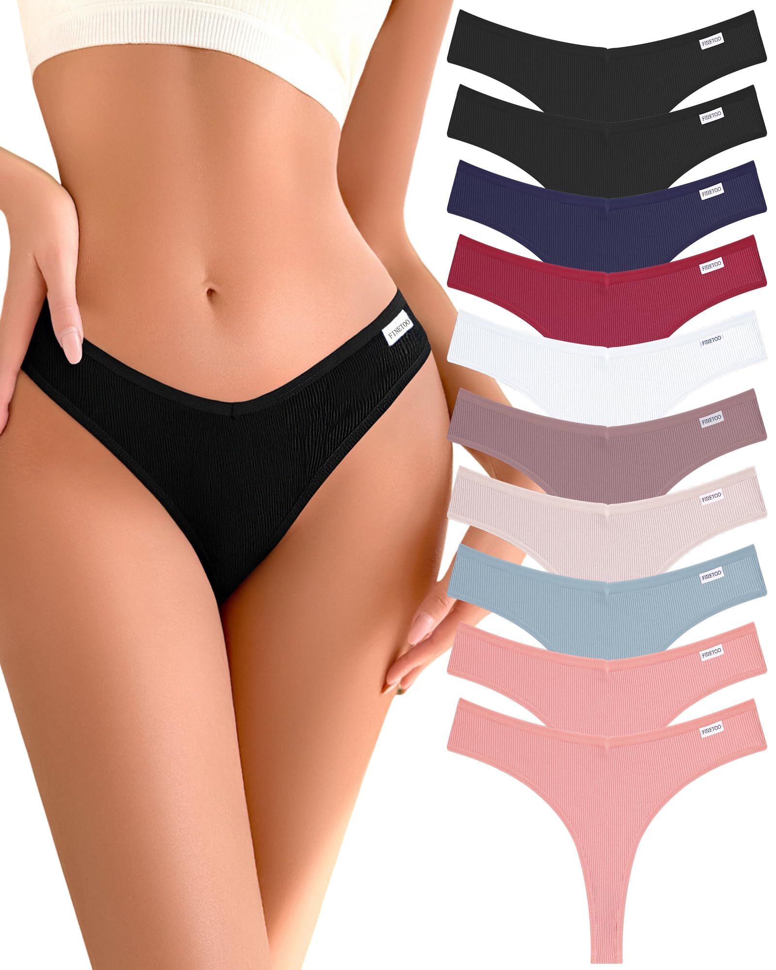 FINETOO 10er Damen Baumwoll Strings Set Tanga Unterhosen Frauen Weich Unterwäsche Niedrige Taille Slips Atmungsaktive Pants S-XL