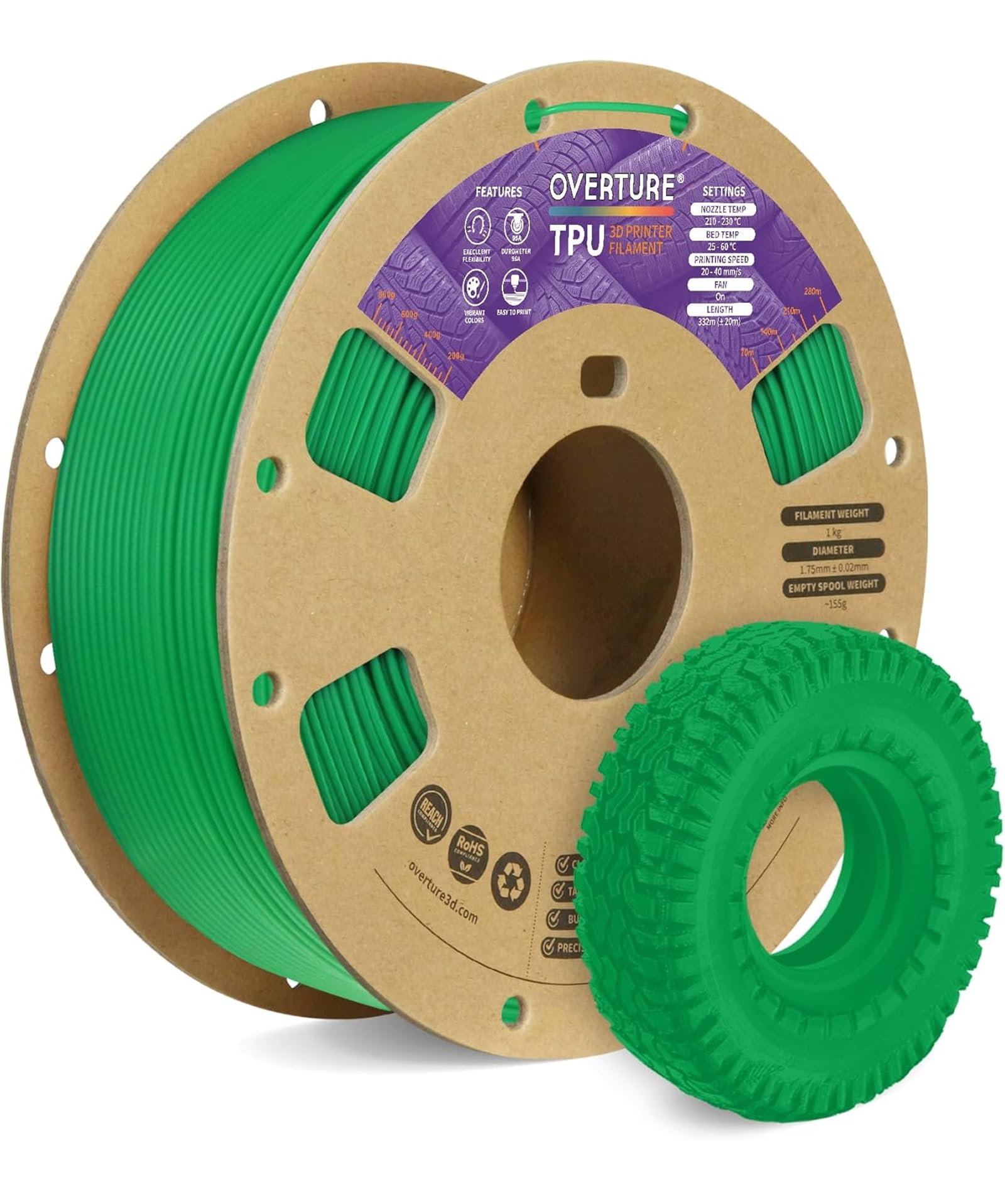 OVERTURE TPU Filament 1.75mm Flexible Roll, 95A Soft 3D Printer Filament, 1kg Spool (2.2 lbs), Fit Most FDM Printer (TPU Green)
