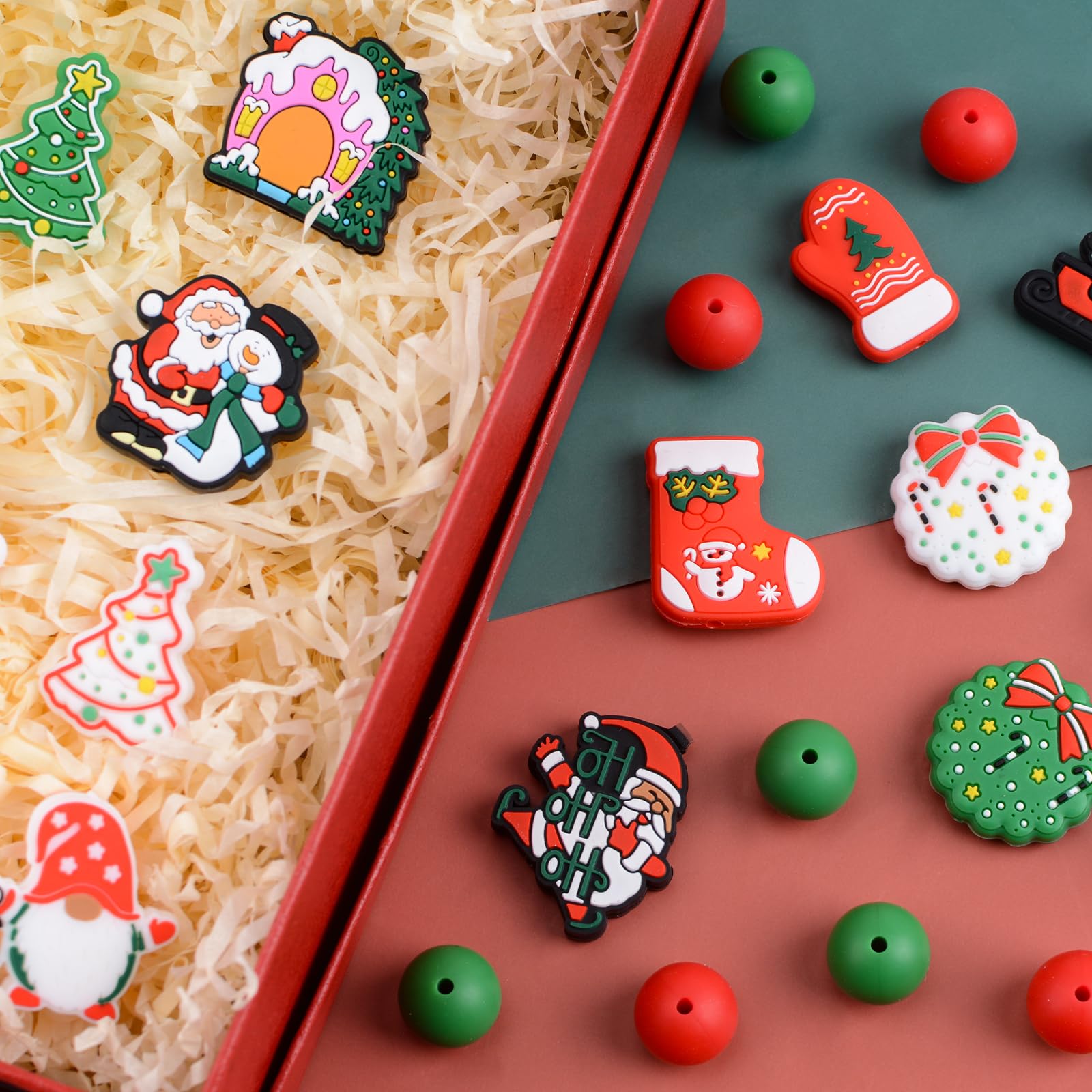 URROMA 32Pcs Christmas Silicone Beads Irregular&Round Spacer Bead with Santa Claus Deer Shape Loose Beads for DIY Pen Bracelet Craft Making - Image 4