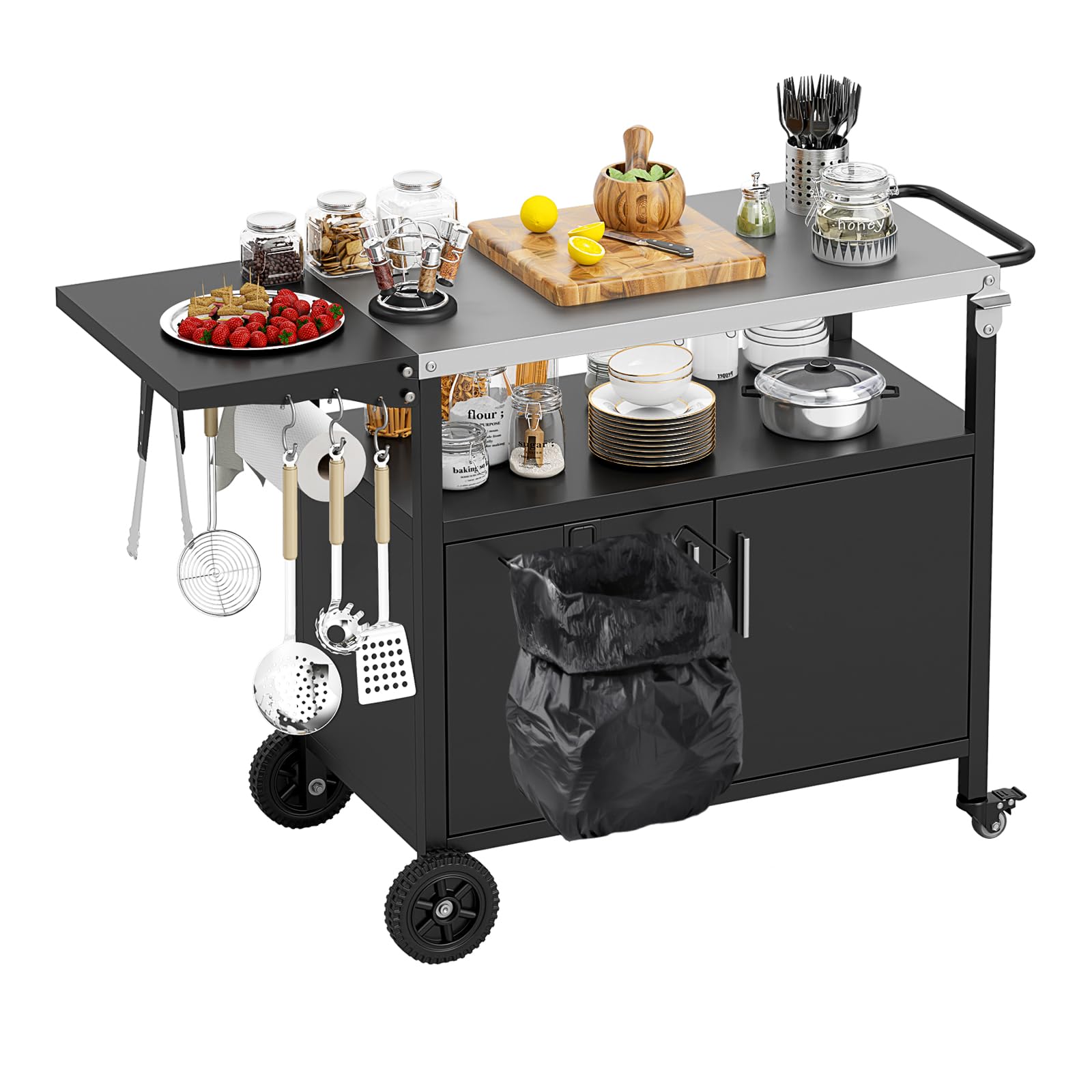 COSTWAY Carro de Barbacoa con Estante Abierto y Armario, Cocina Exterior, Encimera de Acero Inoxidable Plegable, Mueble para BBQ para Picnic, Fiesta, 127 x 50 x 84 cm