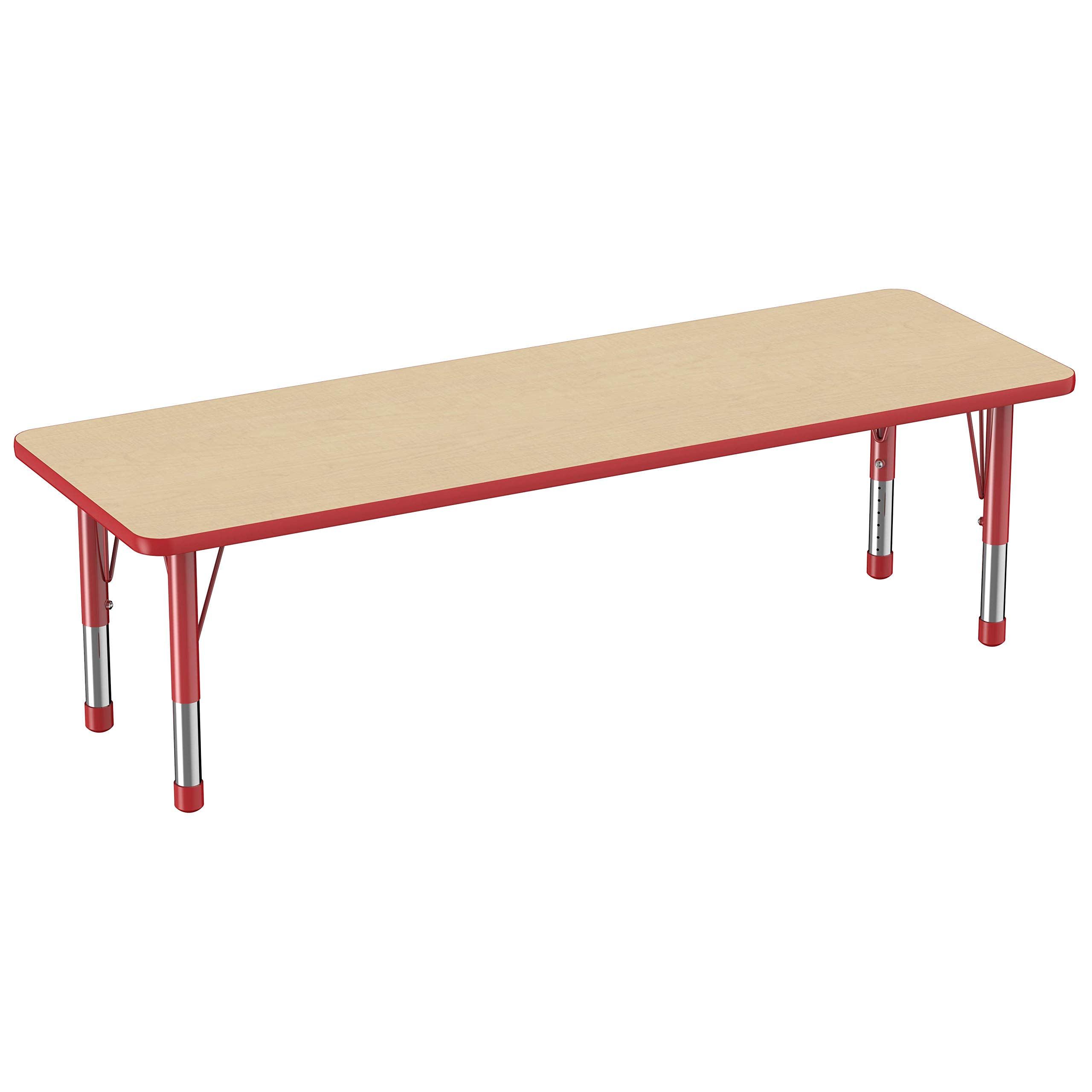 FDP Rectangle Activity School and Classroom Kids Table (24 x 72 inch), Chunky Toddler Legs, Adjustable Table Height 15-24 inches - Maple Top and Red